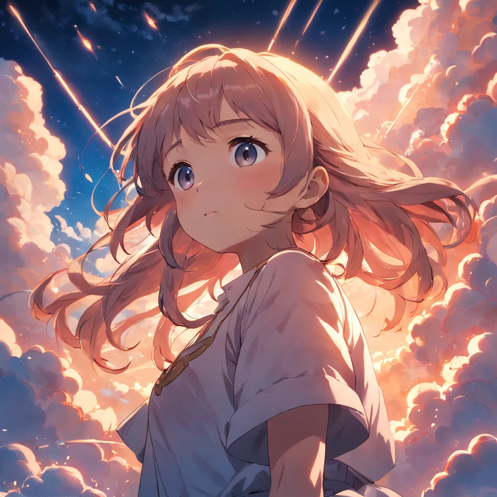 masterpiece, best quality, movie still, 1girl, cloud girl, floating in the sky, close-up, bright, happy, warm soft lighting, sunset, (sparks:0.7)