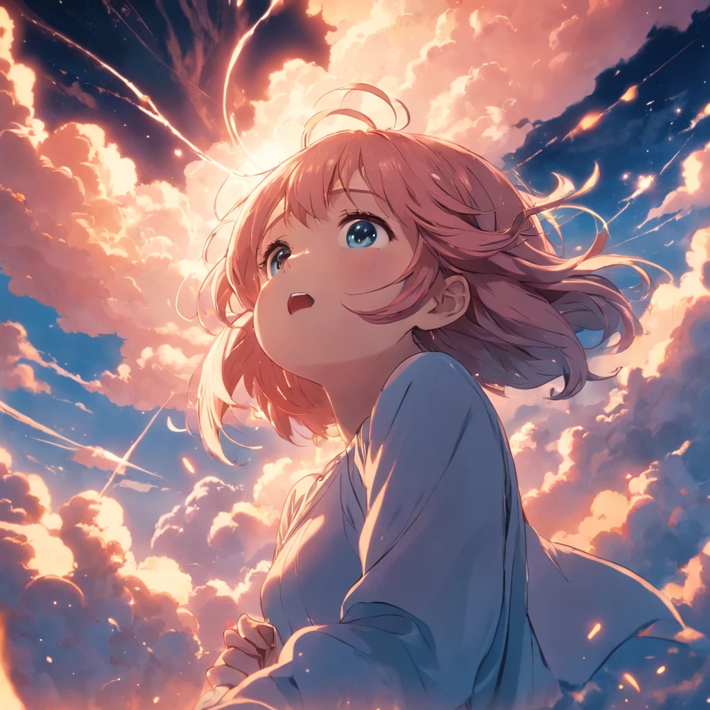 masterpiece, best quality, movie still, 1girl, cloud girl, floating in the sky, close-up, bright, happy, warm soft lighting, sunset, (sparks:0.7)