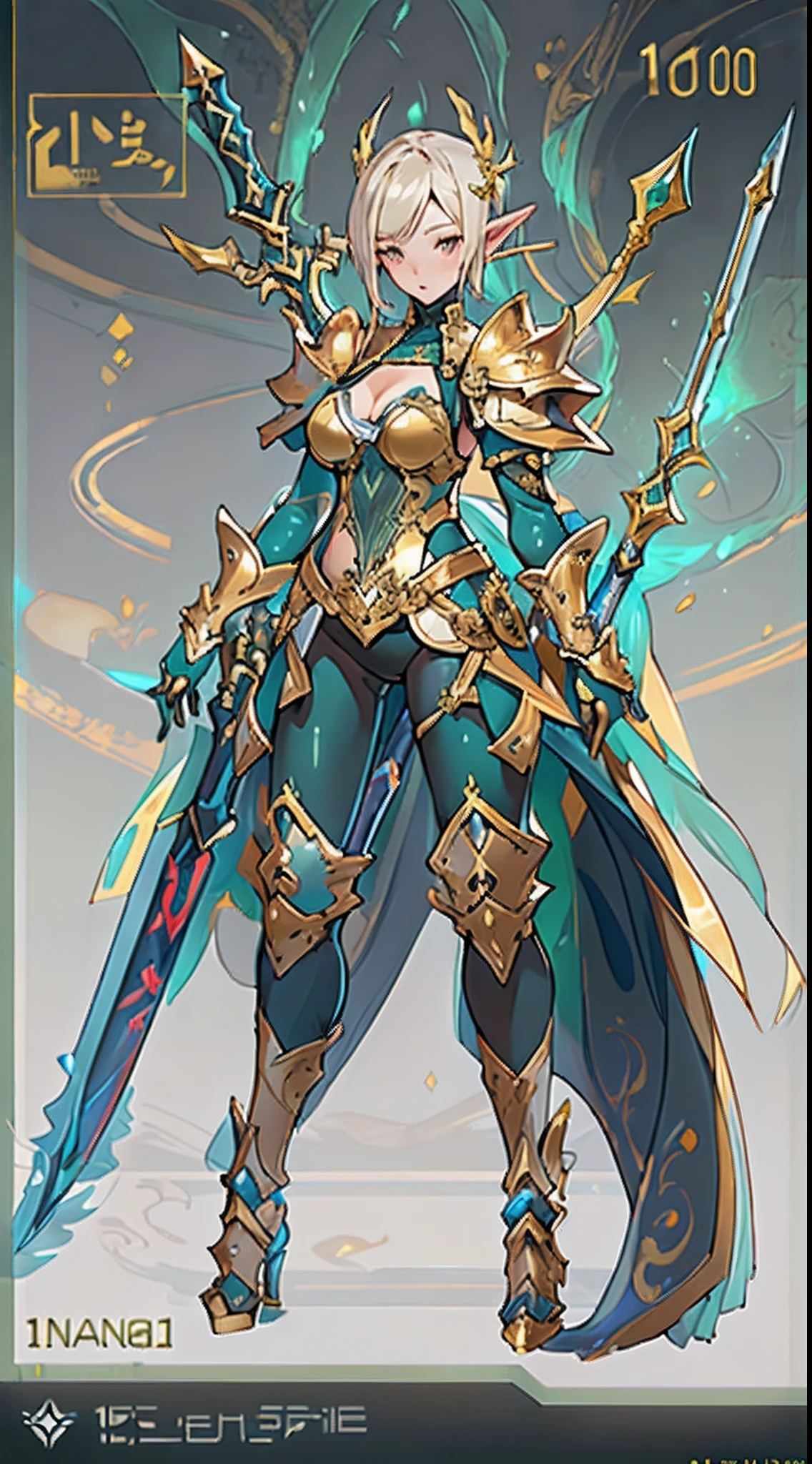 Design a layout showcase Gaming character, ((1elf ****)), big_boobs. Golden+Purle clothes, stylish and unique, ((showcase weapon:1.4)), magic staff, (masterpiece:1.2), (best quality), 4k, ultra-detailed, (Step by step design, layout art:1.5), (luminous lighting, atmospheric lighting), Final Fantasy style, magican, ((glove full hands)), fran, viera, (((revealing clothes:1.3))), vambraces, armored legwear, (((full_body_shot:1.4))), Niji, back_view