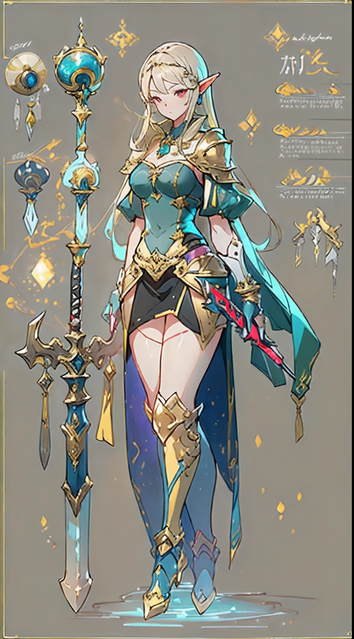 Design a layout showcase Gaming character, ((1girl)), assasin:1.4, Golden+Purple clothes, Black_Desert_style, stylish and unique, ((showcase weapon:1.4)), magic staff, (masterpiece:1.2), (best quality), 4k, ultra-detailed, (Step by step design, layout art:1.5), (luminous lighting, atmospheric lighting), Final Fantasy style, magican, ((glove full hands)), fran, viera, (((revealing clothes:1.3))), vambraces, armored legwear, (((full_body_shot:1.4))), Niji, back_view, T_pose