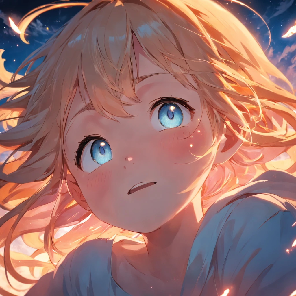masterpiece, best quality, movie still, 1girl, cloud girl, floating in the sky, close-up, bright, happy, warm soft lighting, sunset, (sparks:0.7)