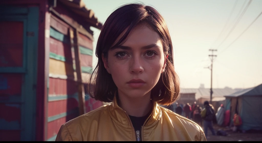 4k image from a 1960s science fiction film, Imagem do filme de Wes Anderson, pastels colors, 1girl, dressed in a yellow bomber jacket  standing in a crowded shanty town, Luz Natural, cinematic, Psicodelia, retro-futuristic,  highly detailed, intricate, sharp focus, depth of field, f/1. 4, 24mm, medium shot, mid shot, (centered image composition), (professionally color graded), ((bright soft diffused light)), volumetric fog, trending on instagram, trending on tumblr, hdr 4k, 8k