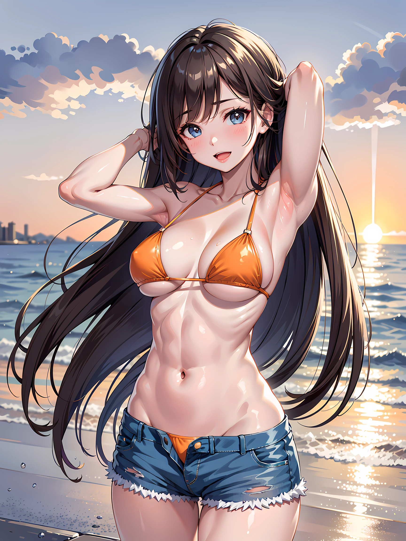 (1girl:1.3, solo), (Masterpiece, best quality, photorealistic, highres, photography, :1.3), ultra-detailed, sharp focus, professional photo, commercial photo, (upper body:1.3), (standing in water:1.3, at blue ocean), (((starring at the viewer:1.5))), (armpit focus, arms up, arms behind on head), BREAK, 1girl, solo, milf, European girl, hot model, (attractive model:1.37), (promotional model:1.2), highly detailed eyes and pupils, realistic skin, (attractive body, large breast:1.25, thin waist:1.15), thin hair, single braid hair, mahogany hair, extremely detailed hair, delicate sexy face, sensual gaze, shiny lips, BREAK, (orange bikini:1.3), (shorts:1.3), detailed clothes, BREAK, (outdoor, South California beach background, blurry background:1.25, simple background, no-human background, detailed background), (under sunset:1.37), BREAK, (attractive posing), ((realistic, super realistic, realism, realistic detail)), perfect ???????, perfect proportion, bokeh, depth of field, hyper sharp image, (attractive emotion, seductive smile:1.2, happy:1.2, blush:1.2, :d:1.2, :p:1.2), 4fingers and thumb, perfect human hands, wind,