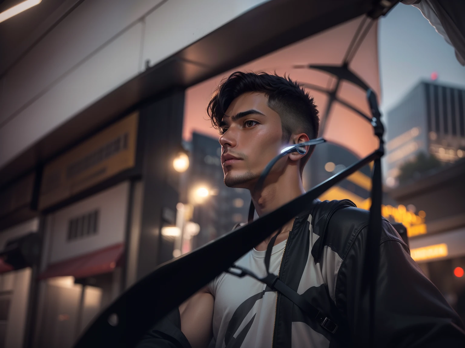 RAW photo, a portrait photo of 25 y.o man in casual clothes, night, city street, (high detailed skin:1.2), 8k uhd, dslr, soft lighting, high quality, film grain, Fujifilm XT3