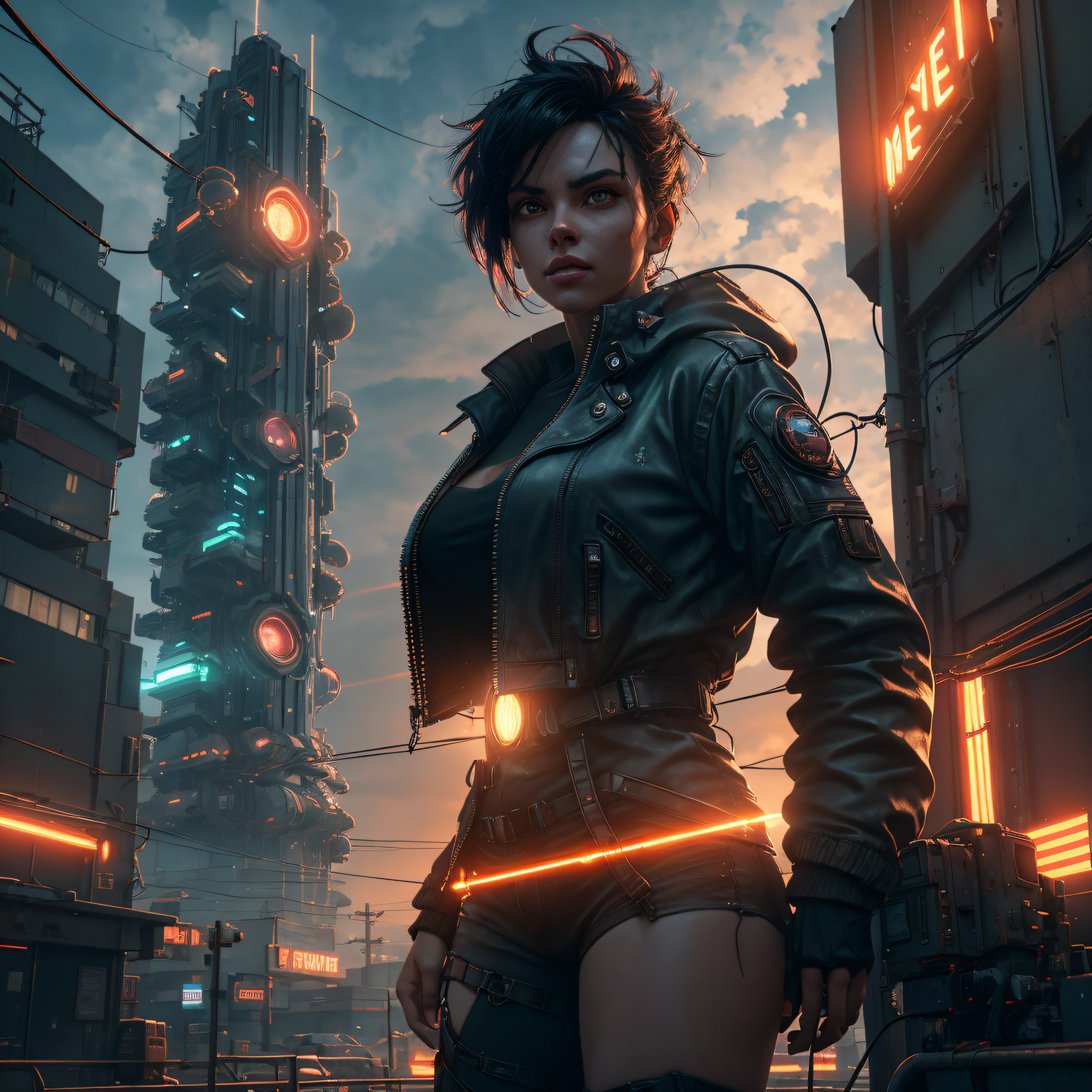 1woman wearing oversized jacket, (eye to camera:1.1), pixel, winter, neon lights, dangling sprinkler wires, cinematic lighting, closeup, cyberpunk, hard surface modeling, full of battle gear, red keylight, obscure lighting contrast, poetic, detailed, realistic, 8k uhd, high quality, big cumulus clouds, (1beam shines vertically into the sky:1.3), (Megalytic structures:1), dramatic, dangerous, sunlight background, unreal, (surreal:1), unreal engine, Cinematic Light