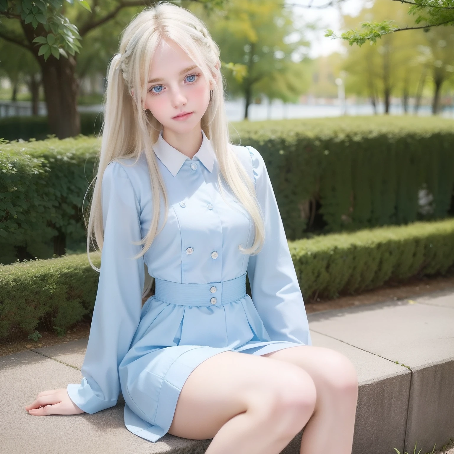 Nordic beauty、Beautiful blonde hair、clear pale blue eyes、Light blue eyes、FULL BODYSHOT、Beautuful Women、 women、Neat and clean uniform、Dainty and classy cute girl、Girl in cute clothes in random colors、Full Body Angle、expressioness、smil、White skin、Random hairstyles、