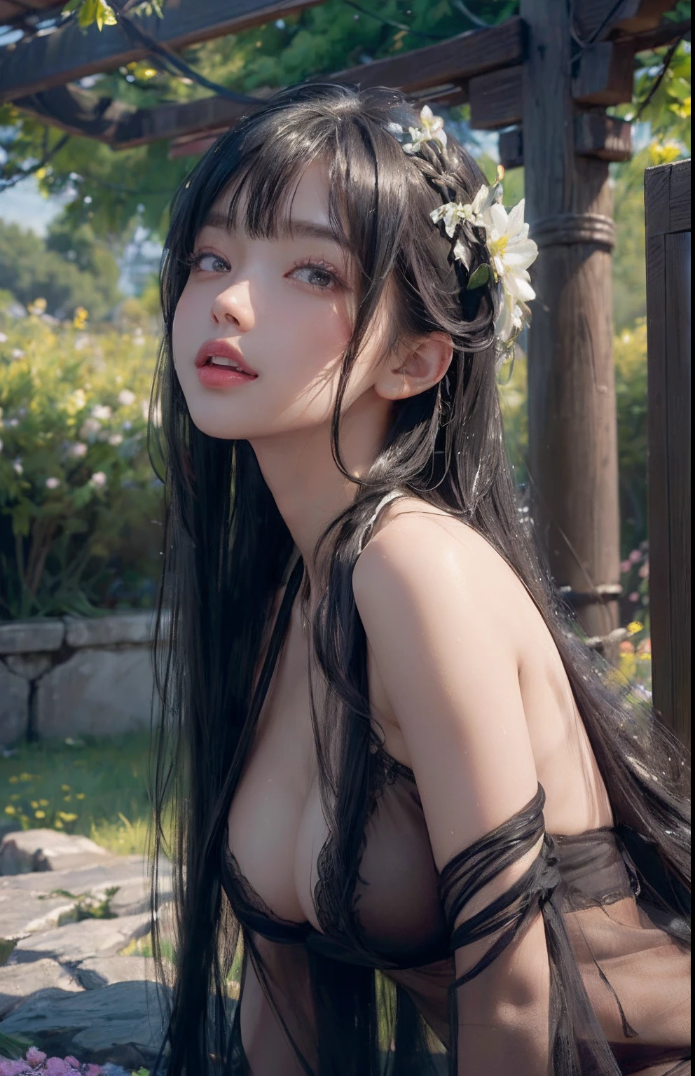 (A hyper-realistic)、(illustratio)、(hight resolution)、(8K)、(ighly detailed)、(Best Illustration)、(beautifully detailed eyes)、(top-quality)、(ultra-detailliert)、(masterpiece)、(wall-paper)、(A detailed face)、独奏、1 girl in、looking at viewert、fine detailed、A detailed face、in the darkness nigth、deep-shadows、lowkey、pureerosfaceace_v1、A smile、long、Black shawl straight hair、46-point diagonal bangs、White See-Through Halter Neck Bondage 、Wet hair、Wet skin、Navel Ejection、Back、Skin shearing machine、Hair spreads、See-through stole on shoulder、Semi-long hair.all-fours、Open your mouth、put out the tongue、Dynamic Posing、Lots of flowers in the background、Big hair ornament、