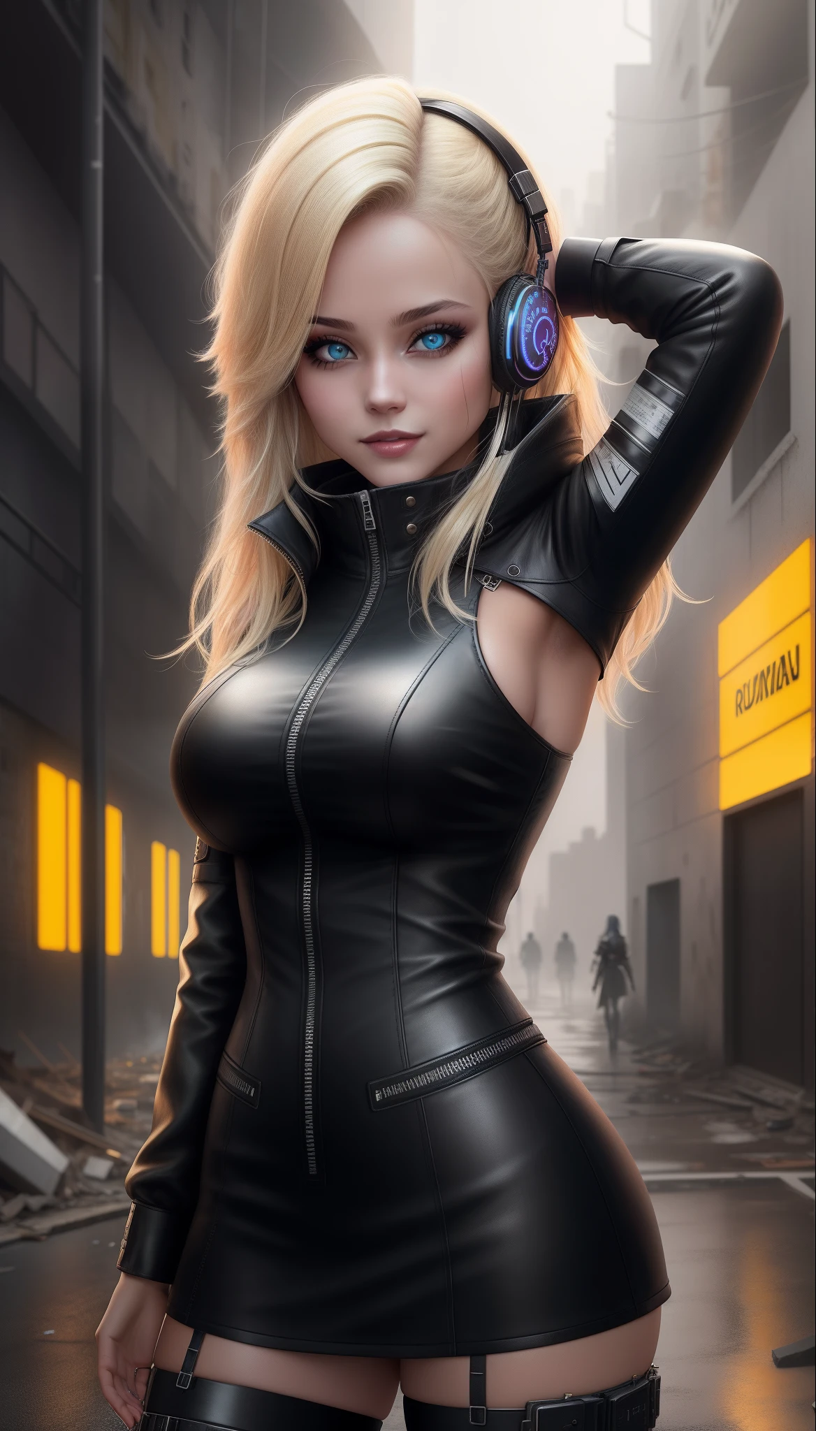 Blonde woman in black leather clothing standing in front of destroyed building, deusa linda com raiva de cyberpunk, cyberpunk feminino, roupa de cyberpunk, fantasia negra sedutora de cyberpunk, roupa de cyberpunk, roupa de estilo cyberpunk, vestindo tecnologia e armadura, blonde hair, cabelo entre os olhos, behind-the-head headphones, aqua eyes, maquiagem, Sorriso leve, raios de deus, High detail, gothic art, realismo, UHD, master part