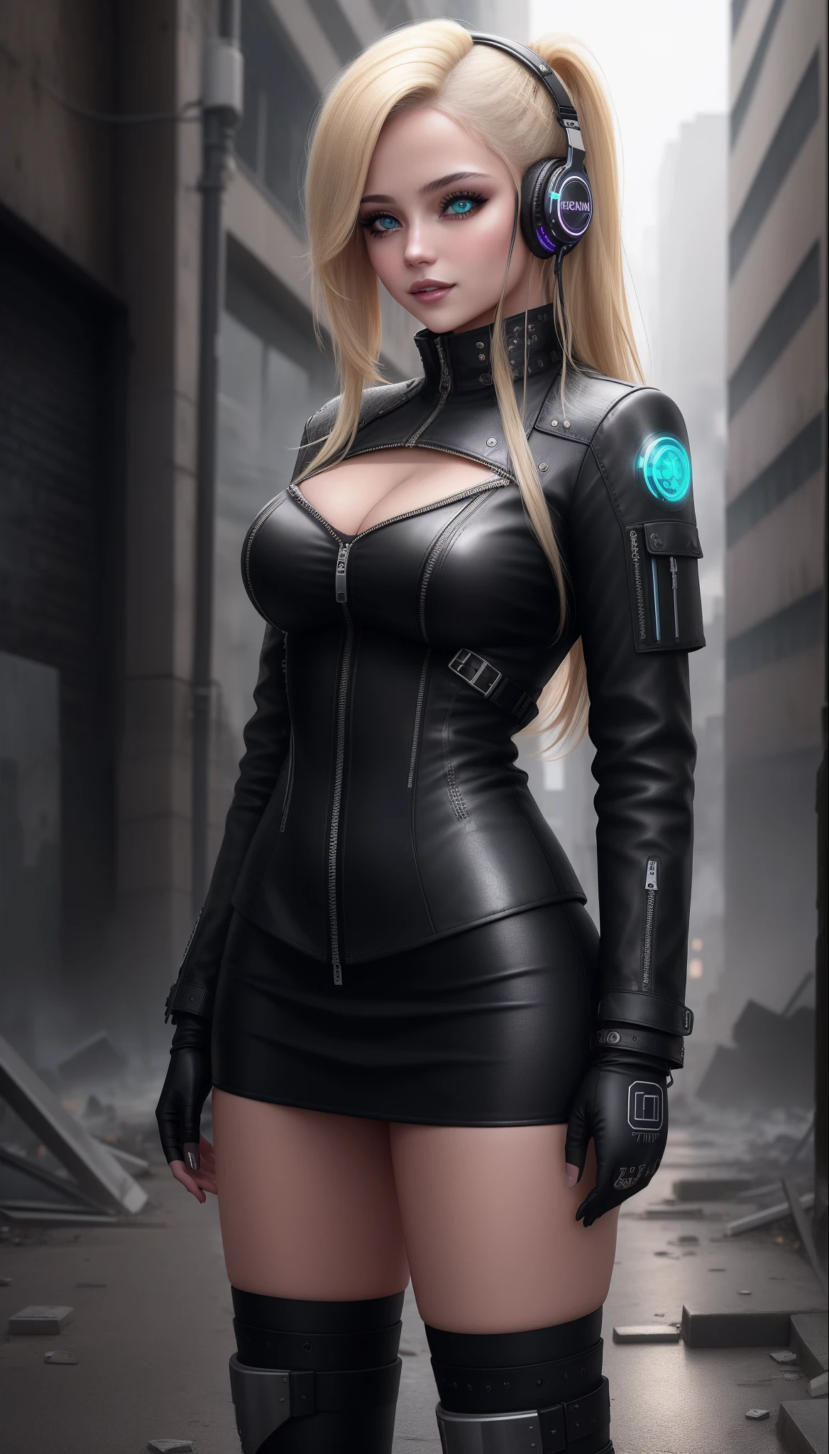 Blonde woman in black leather clothing standing in front of destroyed building, deusa linda com raiva de cyberpunk, cyberpunk feminino, roupa de cyberpunk, fantasia negra sedutora de cyberpunk, roupa de cyberpunk, roupa de estilo cyberpunk, vestindo tecnologia e armadura, blonde hair, cabelo entre os olhos, behind-the-head headphones, aqua eyes, maquiagem, Sorriso leve, raios de deus, High detail, gothic art, realismo, UHD, master part