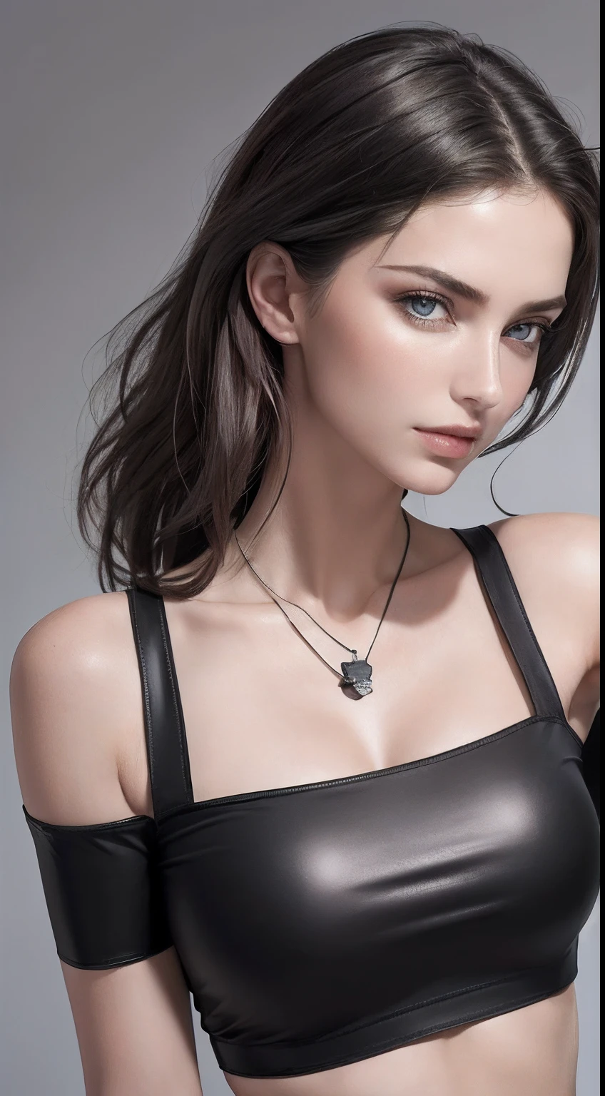 (Meisterwerk, best quality, fotorealistisch, hight resolution, Fotografie, :1.3), Nahaufnahme, Scharfer Fokus, 1 brunette girl, European Girl, Hot Model, Zwerchfell,Red Tank Top worn on the upper body with a tight cut, Sehr detaillierte Augen und Pupillen, Realistischer Skin, slim body shape, Perfect Body, Spaltung, Extrem detailliertes Haar, zartes sexy Gesicht, Sinnliche Gase, glossy lips, ((Wear a cropped black top, wearing pendant)), im Freien, ((realistisch, Super realistisch, Realismus, Realistische Details))