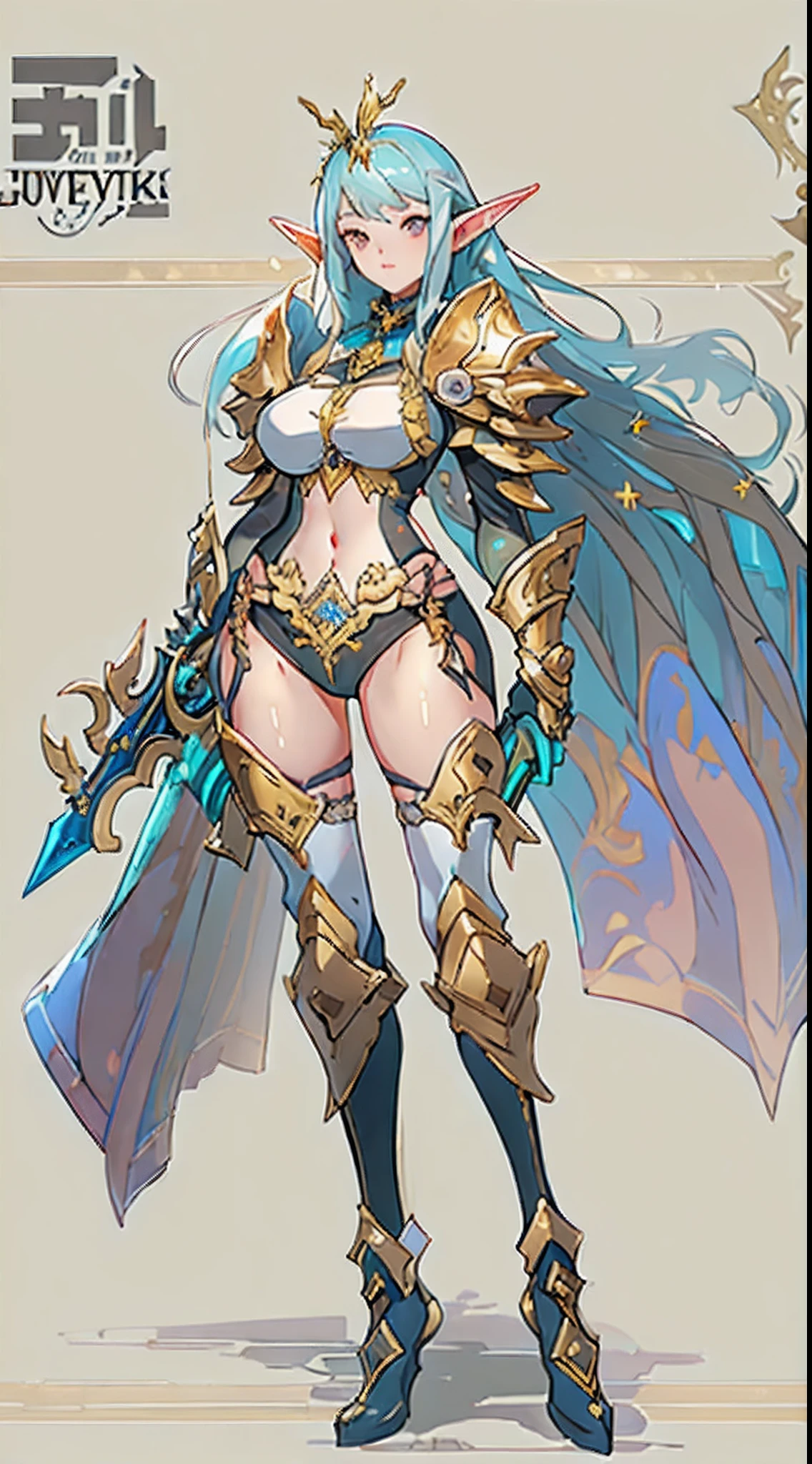Design a layout showcase Gaming character, ((1elf_kid)), big_boobs. Golden+Purle clothes, stylish and unique, ((showcase weapon:1.4)), magic staff, (masterpiece:1.2), (best quality), 4k, ultra-detailed, (Step by step design, layout art:1.5), (luminous lighting, atmospheric lighting), Final Fantasy style, magican, ((glove full hands)), fran, viera, (((revealing clothes:1.3))), vambraces, armored legwear, (((full_body_shot:1.4))), Niji, back_view