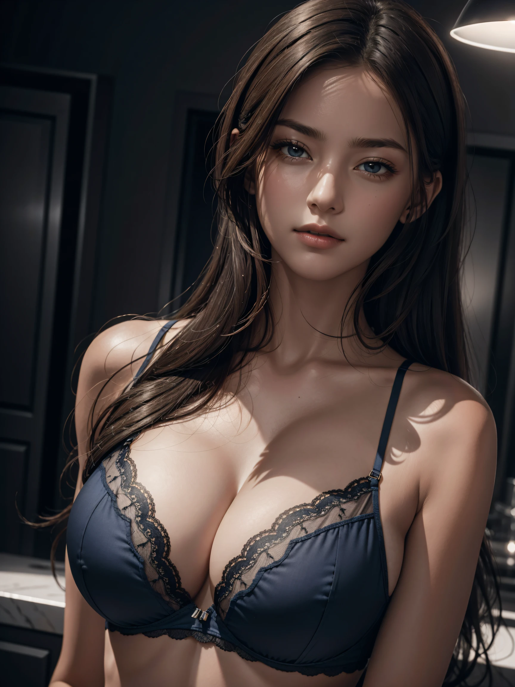 photorealistic, masterpiece, best quality, raw photo, BREAK, 1girl, biggest breasts, long hair, brown hair, BREAK, dark-blue luxury lace bra, BREAK, looking at viewer, dynamic lighting, in the dark, deep shadow, low key, intricate detail, detailed skin, pore, highres, hdr, 4k, realistic, at night,