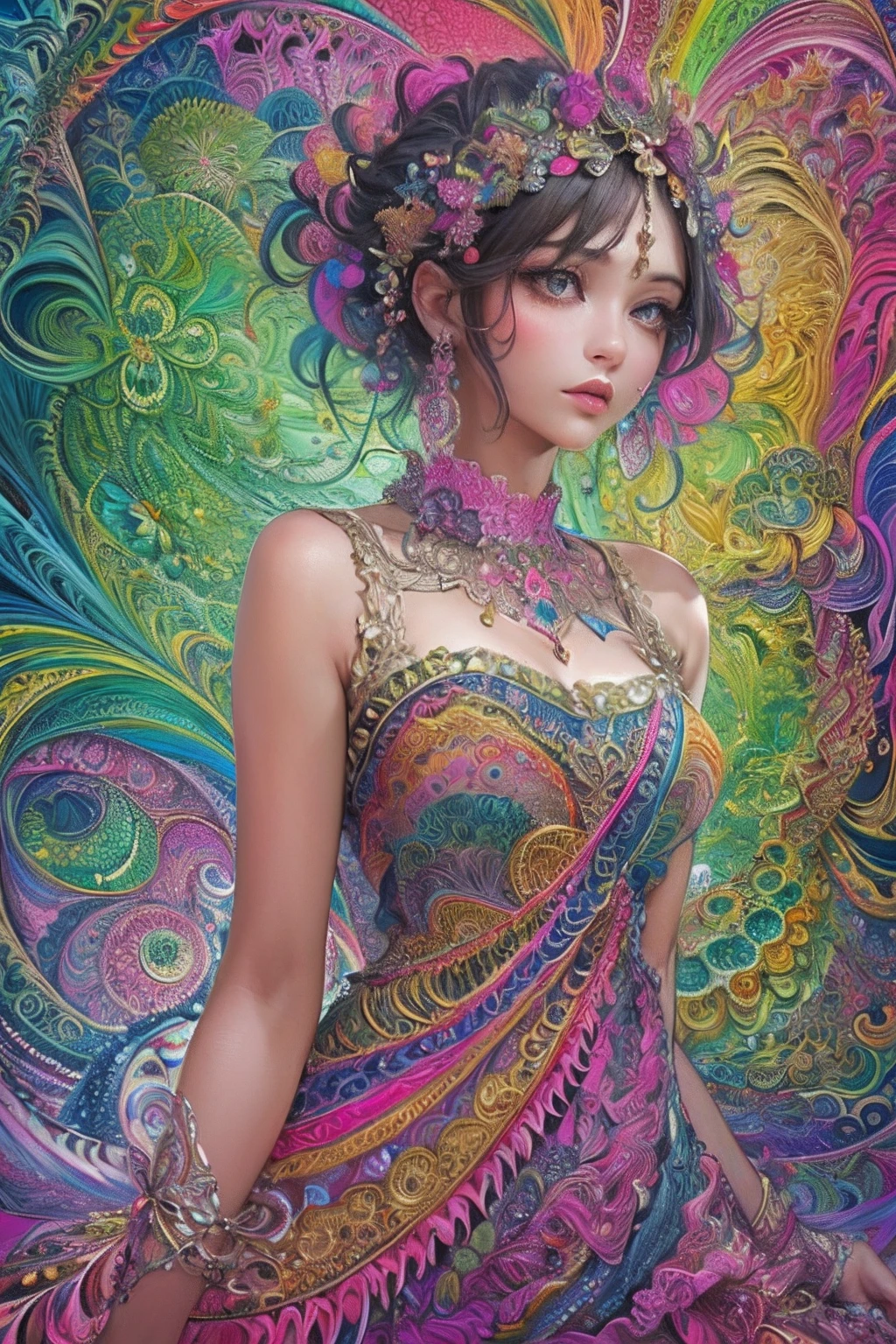 (masterpiece, top quality, best quality, official art, beautiful and aesthetic:1.2), (1girl:1.3), extremely detailed,(fractal art:1.2),colorful,highest detailed,(zentangle:1.2), (dynamic pose), (abstract background:1.5), (traditional dress:1.2), (shiny skin), (many colors:1.4), upper body