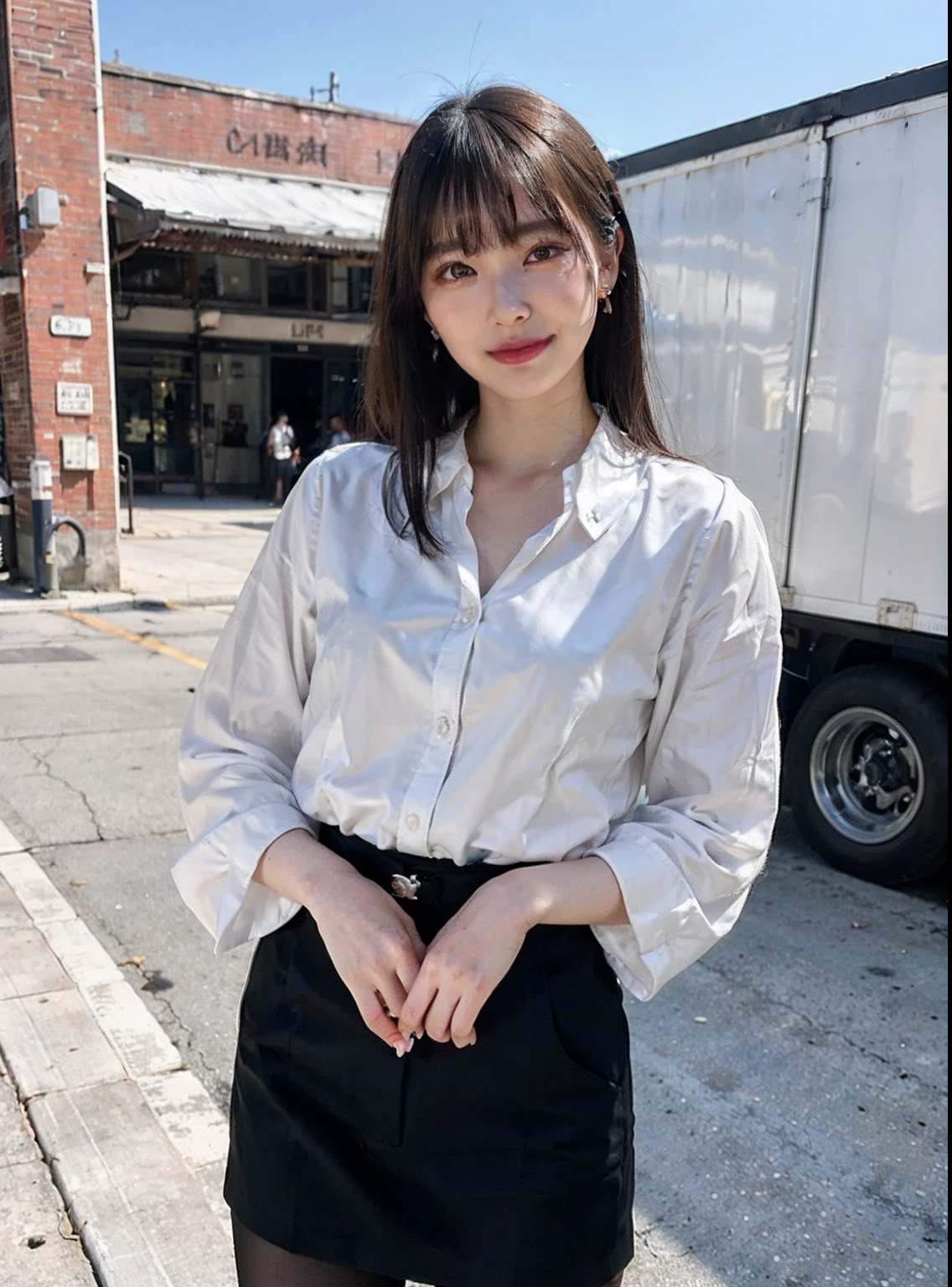 (8k, Best Quality, Masterpiece:1.2), (Realistic, Photorealistic:1.37), Ultra Detail, 1 Girl, Full Body, Outdoor, (Adjusted Hair:1.5) Office Lady, Black Office Blazer, Office Skirt, (pantyhose: 1.2), (short button-down shirt: 1.2), button-up collar prim, button-down collar prim, bra, (pantyhose: 1.2), alpha layer, high heels, beautiful earrings, cute, solo, beautiful detailed sky, (smile: 1.15), (closed mouth), small breasts, beautiful detailed eyes, business attire, (short hair: 1.2), floating hair NovaFrogStyle,