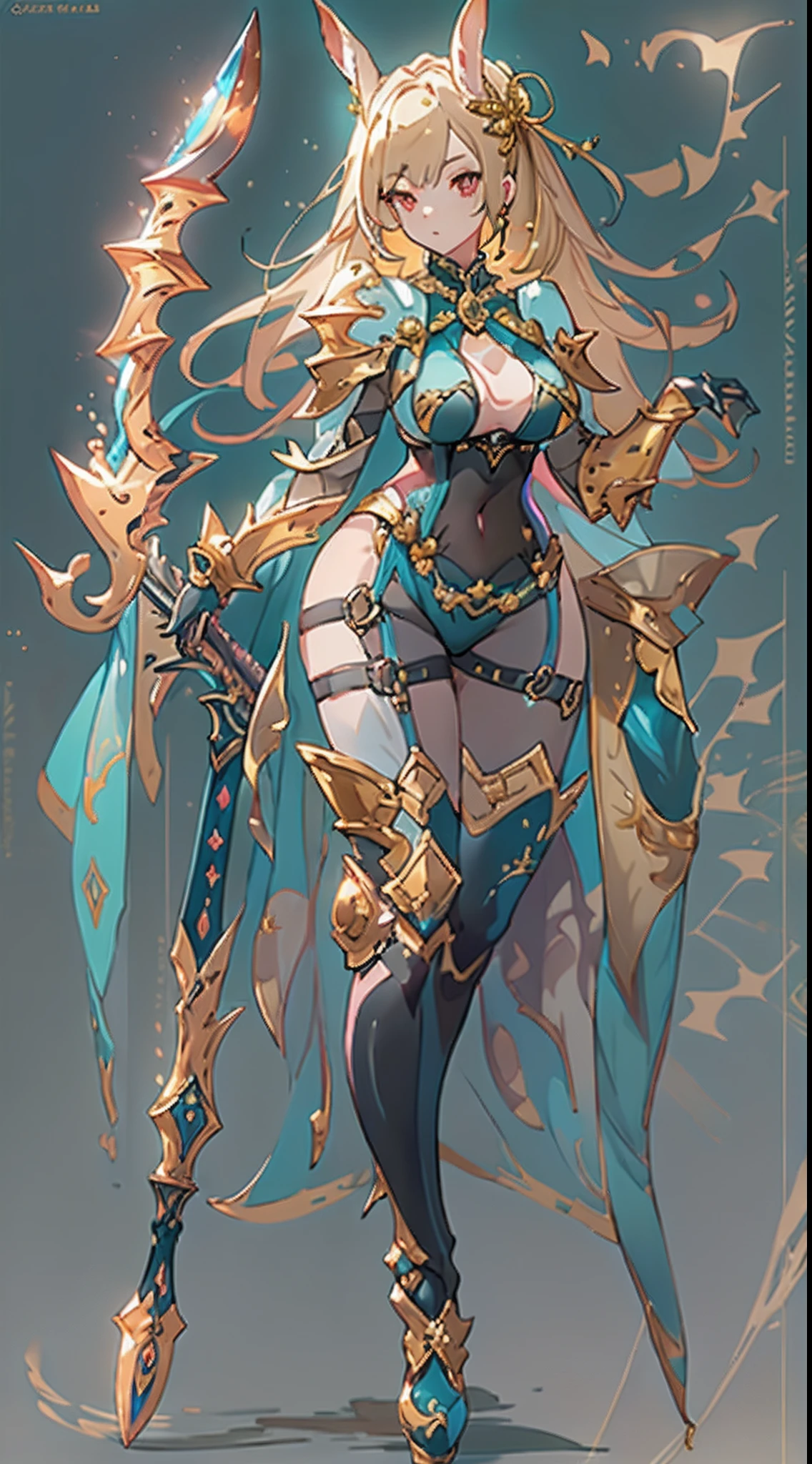 Design a layout showcase Gaming character, ((1girl)), big_boobs. Golden+Purle clothes, stylish and unique, ((showcase weapon:1.4)), magic staff, (masterpiece:1.2), (best quality), 4k, ultra-detailed, (Step by step design, layout art:1.5), (luminous lighting, atmospheric lighting), Final Fantasy style, magican, ((glove full hands)), fran, viera, (((revealing clothes:1.3))), vambraces, armored legwear, (((full_body_shot:1.4))), Niji, back_view