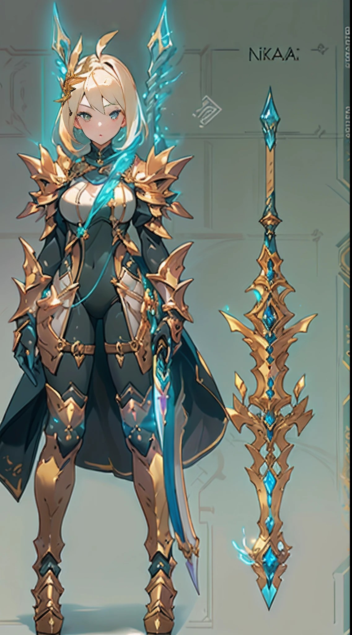 Design a layout showcase Gaming character, ((1girl)), big_boobs. Golden+Purle clothes, stylish and unique, ((showcase weapon:1.4)), magic staff, (masterpiece:1.2), (best quality), 4k, ultra-detailed, (Step by step design, layout art:1.5), (luminous lighting, atmospheric lighting), Final Fantasy style, magican, ((glove full hands)), fran, viera, (((revealing clothes:1.3))), vambraces, armored legwear, (((full_body_shot:1.4))), Niji, back_view