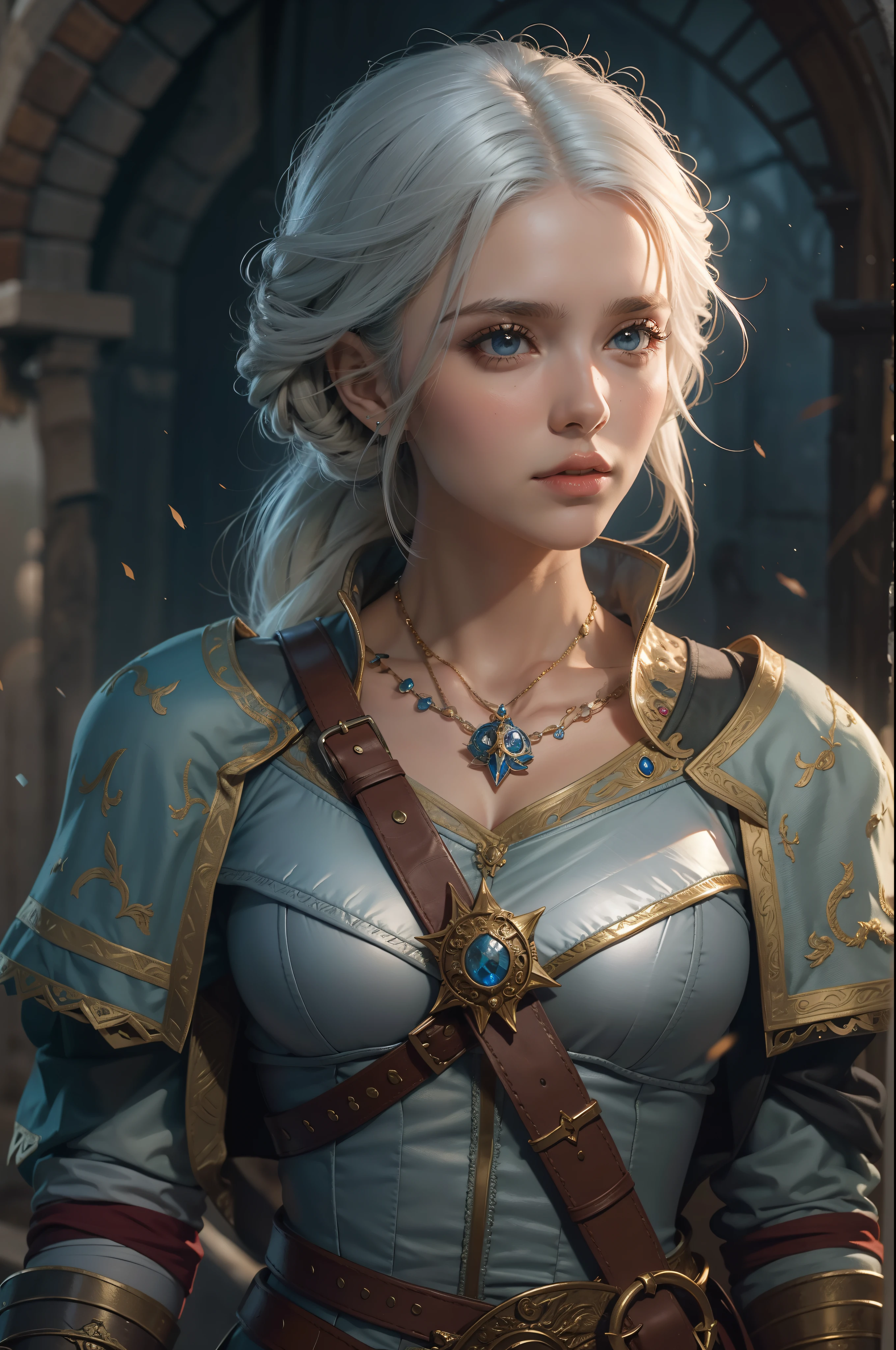 Mulher bonita que sempre Ciri do game The Wicther, com cabelos longos e olhos azuis brilhantes, obra prima, ultra qualidade, 8k, cabelos caindo sobre seus sombros, fundo o noturno, ela esta usando uma armadura medieval prateada