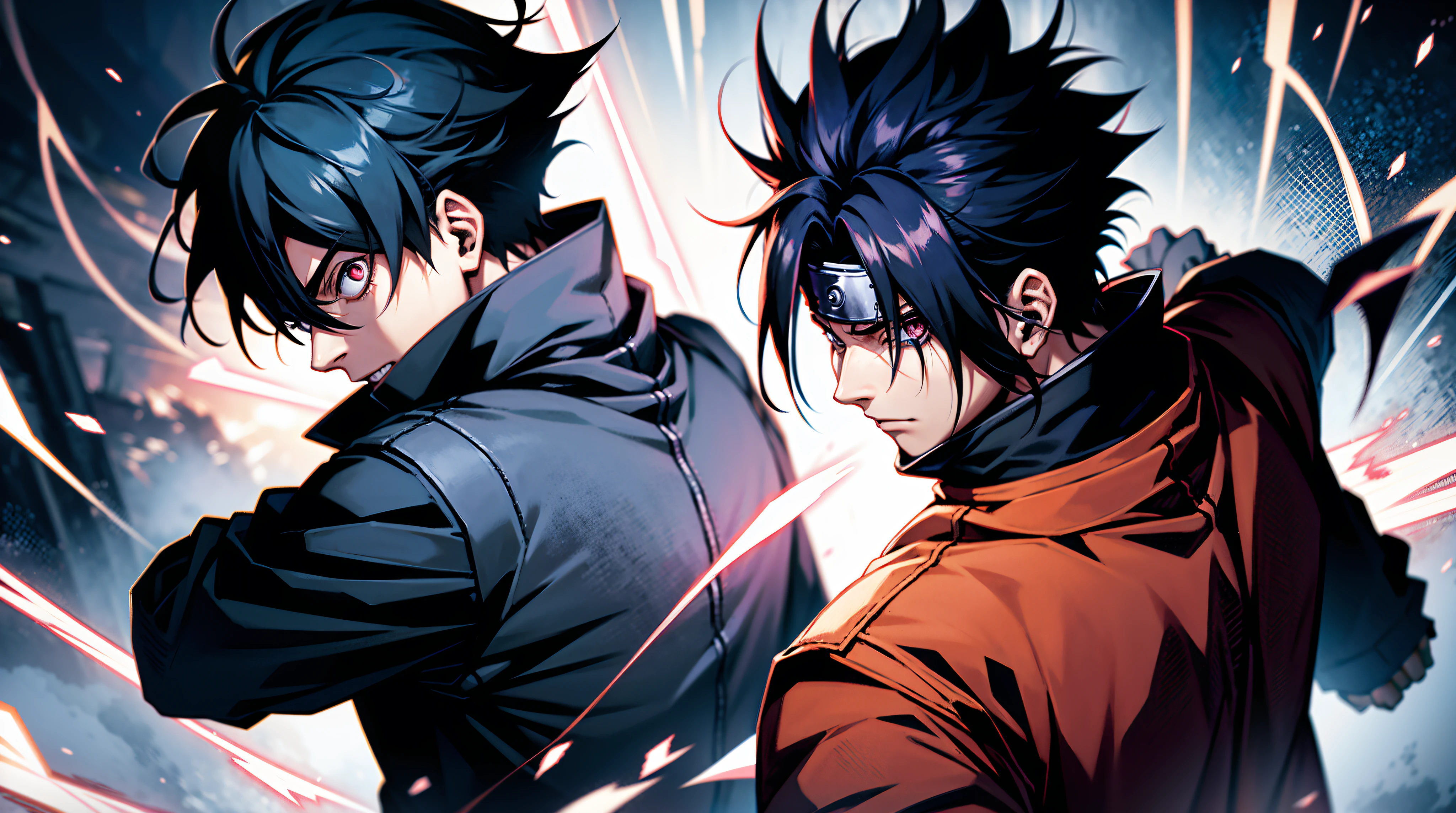 8K wallpaper featuring Gojo Satoru from 'Jujutsu Kaisen' clashing with Sasuke Uchiha from 'Naruto.' Show their dynamic powers colliding in a mesmerizing display of cursed energy and jutsus, against a backdrop of chaotic, elemental forces