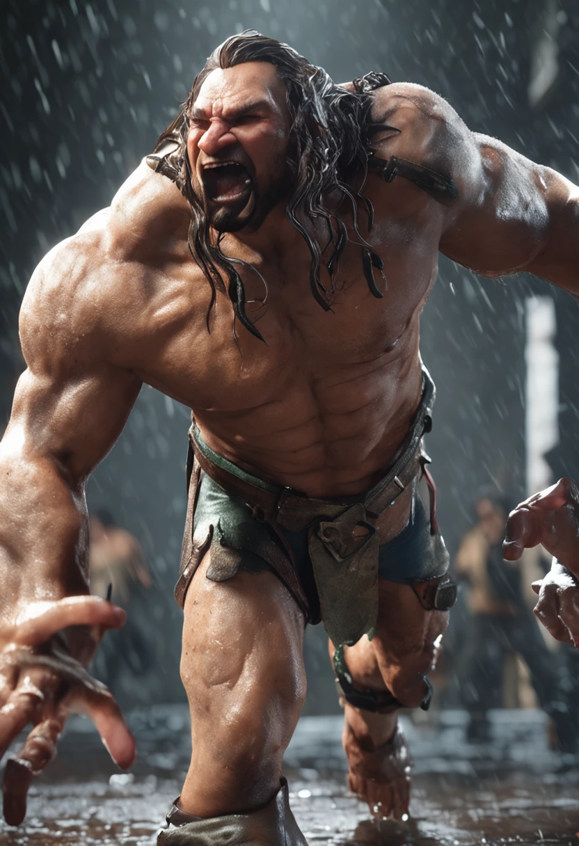 (Renderizado 3D profesional:1.3) de (realista:1.3) The most beautiful art photo in the world,Features soft and bright amazed male heroes, ((Epic hero fantasy muscular rough man wet hero angry look long hair short beard and fierce expression in dynamic pose, Fantastic location, majestuoso entorno desordenado)), Renderizado 8k Unity de cuerpo completo, action shot, poro de la piel, very dark lighting, Sombreado pesado, Detallado, Cara detallada de asombro, (Vibrante, Realistic photography, realista, dramatic, oscuro, foco nítido, 8k), (Old leather garments damaged by weathering:1.4), ((((Use pieles)))), (intrincado:1.4), decadente, (Altamente detallado:1.4), Pintura digital, Renderizado por Octane, Estaciones de arte, Concepto-Arte, Suave, foco nítido, 插圖, Arte Germen, (loish:0.23), WLOP Ilya Kuvshinov, y Greg Rutkowski y Alphonse Mucha gracias, (global ilumination, Luz de estudio, Light Volumetric), fuertes lluvias, particles floating, LotR, fantasy, Once, cuerpo completosbian, ((Fondo oscuro y antiguo de la ciudad:1.3)),CGSesociety,Estaciones de arte