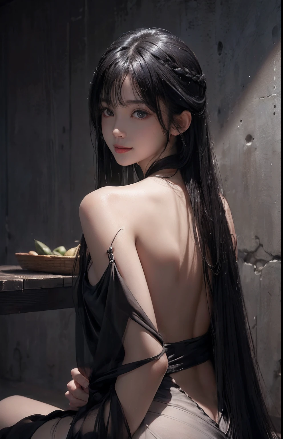 (A hyper-realistic)、(illustratio)、(hight resolution)、(8K)、(ighly detailed)、(Best Illustration)、(beautifully detailed eyes)、(top-quality)、(ultra-detailliert)、(masterpiece)、(wall-paper)、(A detailed face)、独奏、1 girl in、looking at viewert、fine detailed、A detailed face、in the darkness nigth、deep-shadows、lowkey、pureerosfaceace_v1、A smile、long、Black shawl straight hair、46-point diagonal bangs、White See-Through Halter Neck Bondage 、Wet hair、Wet skin、Navel Ejection、Back、Skin shearing machine、Hair spreads、See-through stole on shoulder、Semi-long hair.all-fours、Open your mouth、put out the tongue、sit a chair、Cross your legs