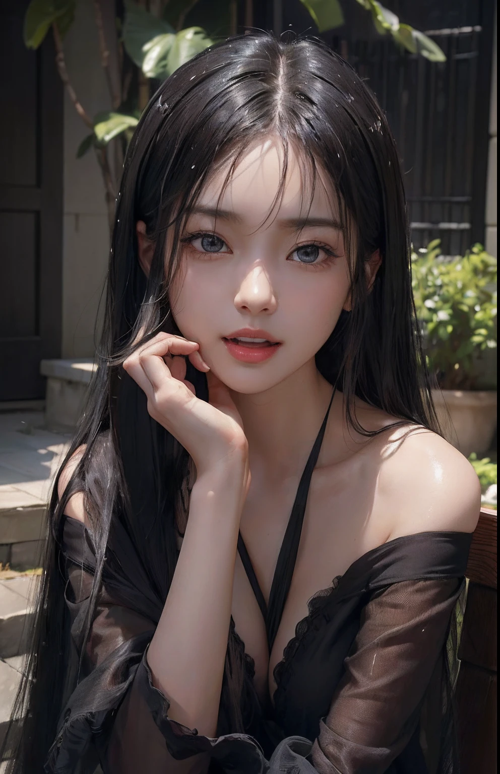 (A hyper-realistic)、(illustratio)、(hight resolution)、(8K)、(ighly detailed)、(Best Illustration)、(beautifully detailed eyes)、(top-quality)、(ultra-detailliert)、(masterpiece)、(wall-paper)、(A detailed face)、独奏、1 girl in、looking at viewert、fine detailed、A detailed face、in the darkness nigth、deep-shadows、lowkey、pureerosfaceace_v1、A smile、long、Black shawl straight hair、46-point diagonal bangs、White See-Through Halter Neck Bondage 、Wet hair、Wet skin、Navel Ejection、Back、Skin shearing machine、Hair spreads、See-through stole on shoulder、Semi-long hair.all-fours、Open your mouth、put out the tongue、sit a chair、Cross your legs