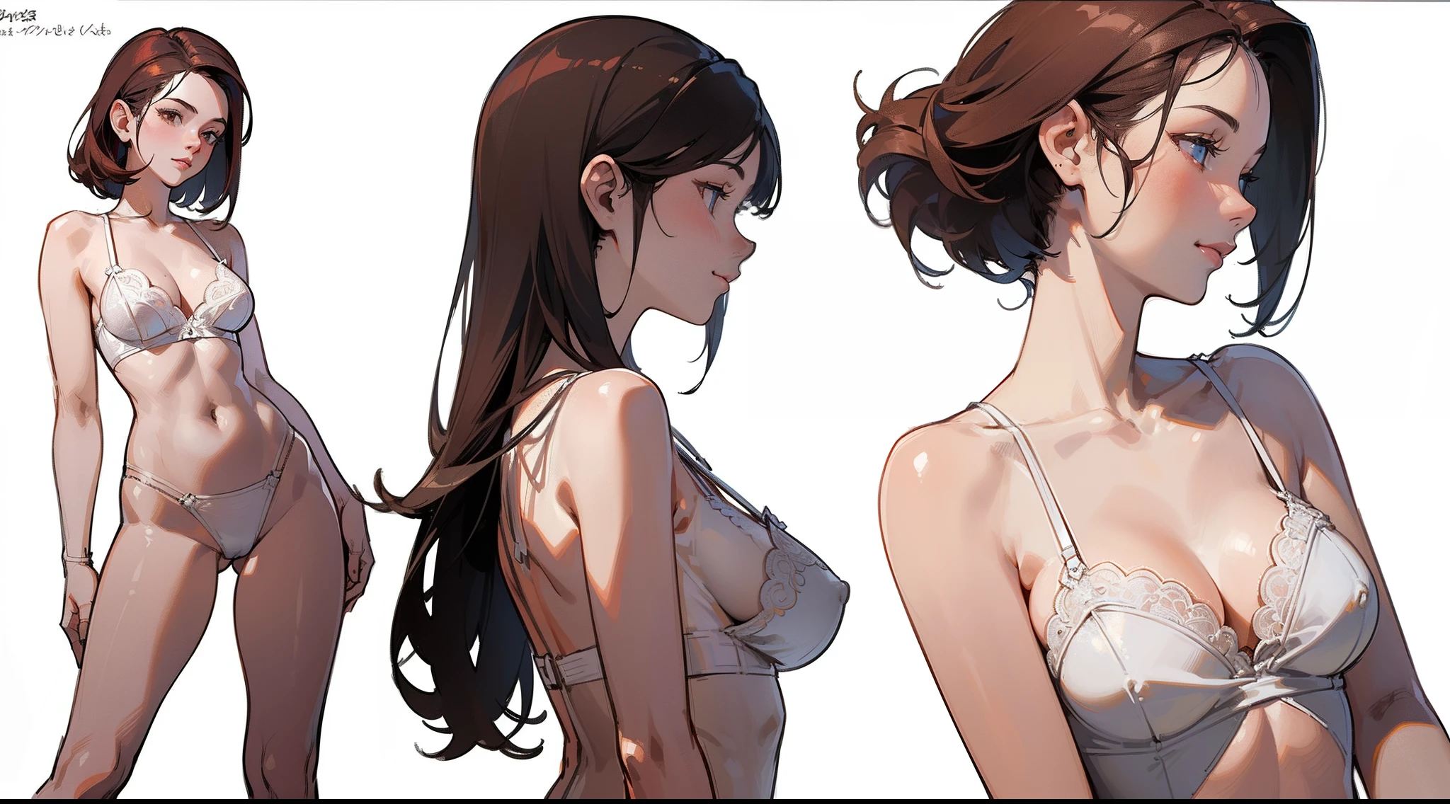 ((Best Quality)), ((Masterpiece)), ((Realistic)) 19 year old, redhead girl, shoulder length hair, relaxed happy face ((slender)) (busty), ((( white lingerie ))) ((sexy )) textured pixie haircut (((detailed character sheet, frontal view, side view, three quarter view))) (((white background))) 6 and a half heads full body