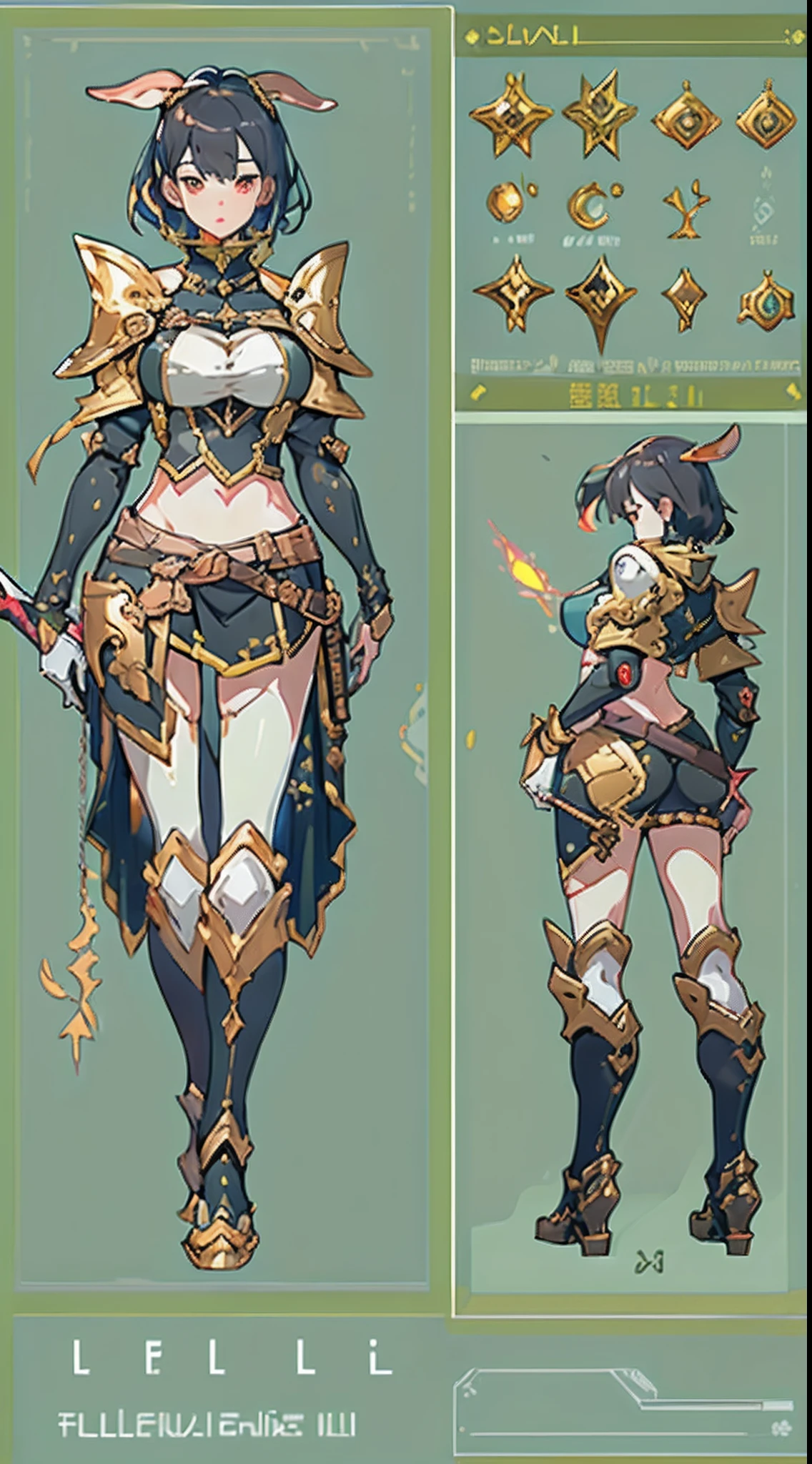 Design a layout showcase Gaming character, ((1girl)), big_boobs. Golden+Purle clothes, stylish and unique, ((showcase weapon:1.4)), magic staff, (masterpiece:1.2), (best quality), 4k, ultra-detailed, (Step by step design, layout art:1.5), (luminous lighting, atmospheric lighting), Final Fantasy style, magican, ((glove full hands)), fran, viera, (((revealing clothes:1.3))), vambraces, armored legwear, (((full_body_shot:1.4))), Niji, back_view