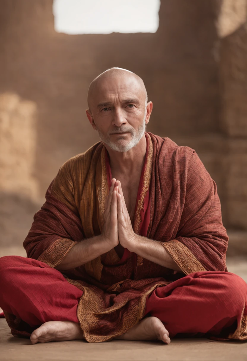 master part, fotografia de Chris Evans sentado em pose meditando com os olhos abertos, 1Masculino, Roupas de monge, Medium to upper body image, Closed full-body robes standard yellow and red checkerboard, (High detail:1 1), rosto sorridente, both hands in front of the chest closing together, Namaste hand pose, pele natural, alta qualidade, Olhos bonitos, (rosto e olhos detalhados), (rosto: 1 2), foto real, .PSD, lamp film photography, foco nítido, contrast lighting, pele detalhada, high res 8k, Detalhe louco, Realistic, fotografia profissional, 8k UHD, SLR camera, soft lighting, alta qualidade, filmic grain, Fujifilm XT3