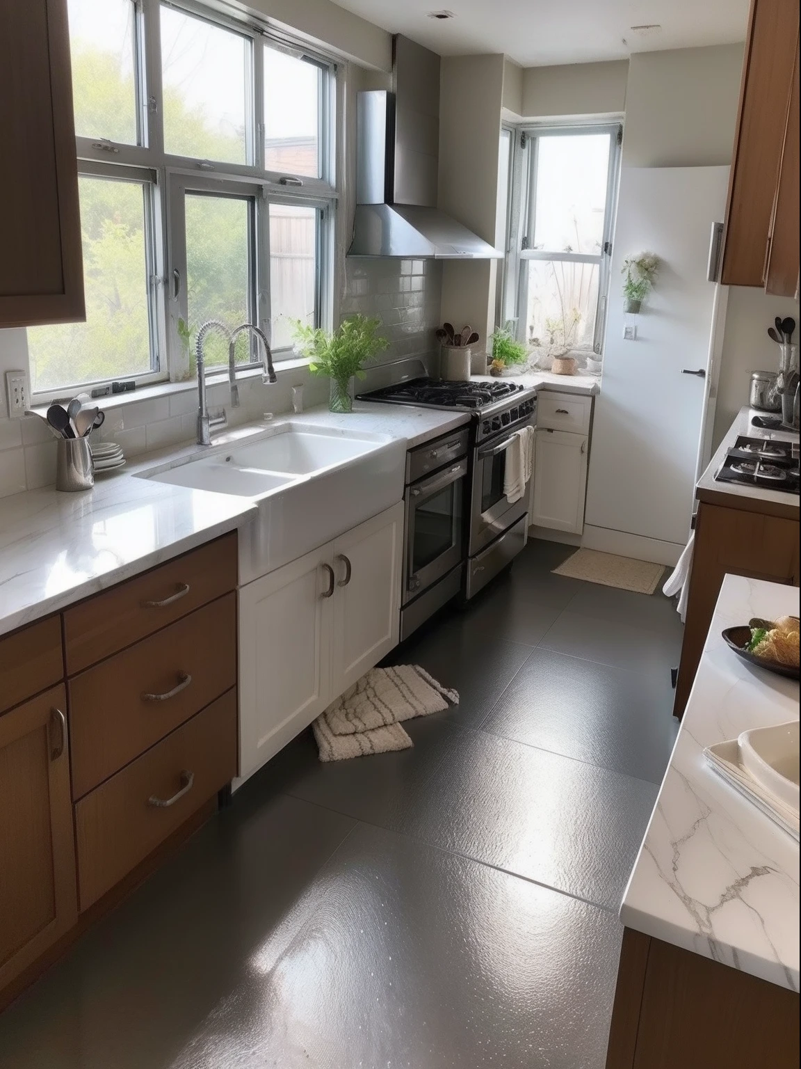 photorealistic,messy kitchen, silver of sink, Wash basin, Dirty dishes, stove