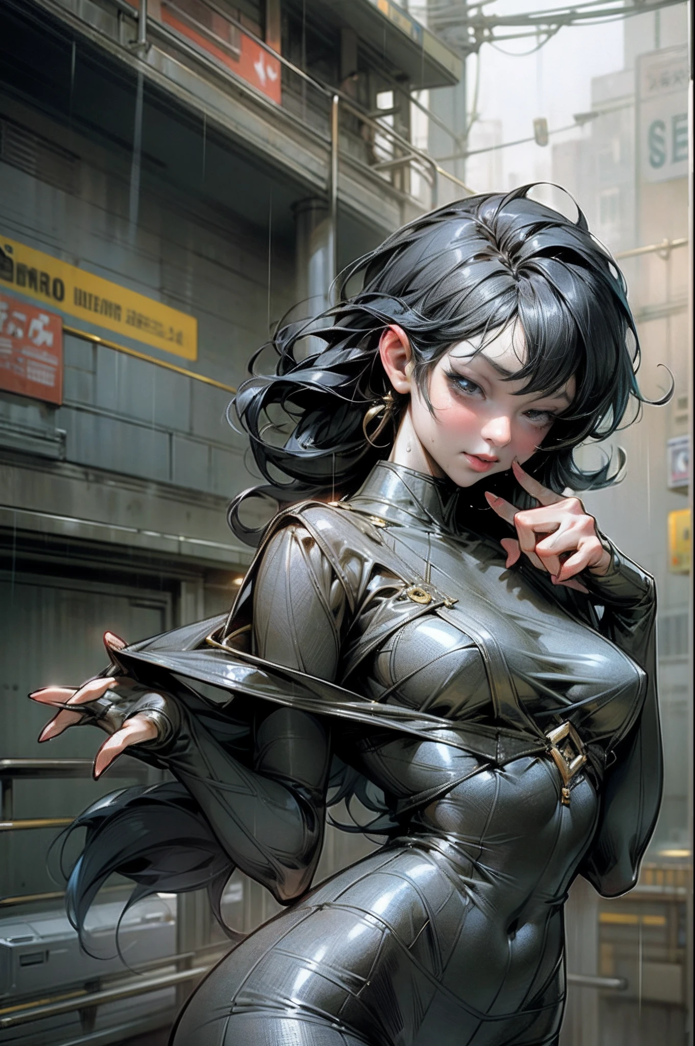 in the style of Artgerm and Adam Hughes, sexy wet t-shirt woman, outside, caught in the rain, no bra, ultra high def, 32k, --auto --s2