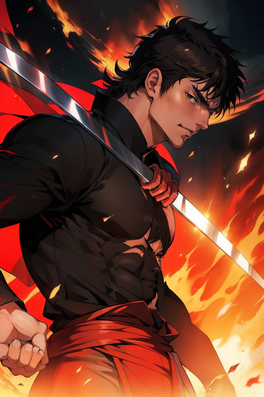 personagem de anime com uma faca e uma camisa preta segurando uma bolsa roxa, Tripas Berserk, coloured manga scan, Estilo Berserk, Tripas de Berserk, full color manga visual style, Hijikata Toushirou de Gintama, colored manga panel, Estilo de arte Berserk, Retrato de Guts de Berserk, Okata Kazuto., kentaro miura manga style