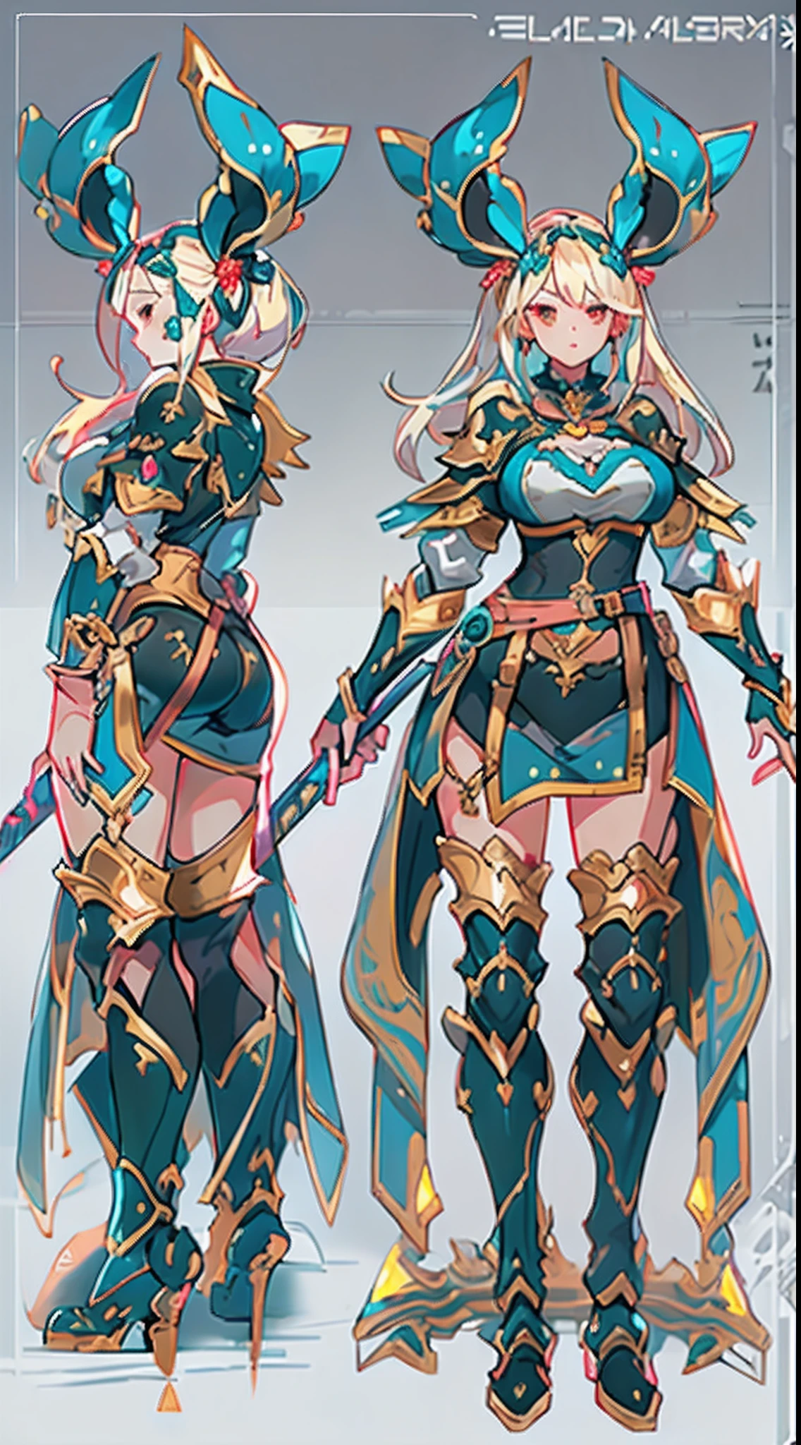 Design a layout showcase Gaming character, ((1girl)), big_boobs. Golden+Purle clothes, stylish and unique, ((showcase weapon:1.4)), magic staff, (masterpiece:1.2), (best quality), 4k, ultra-detailed, (Step by step design, layout art:1.5), (luminous lighting, atmospheric lighting), Final Fantasy style, magican, ((glove full hands)), fran, viera, (((revealing clothes:1.3))), vambraces, armored legwear, (((full_body_shot:1.4))), Niji,