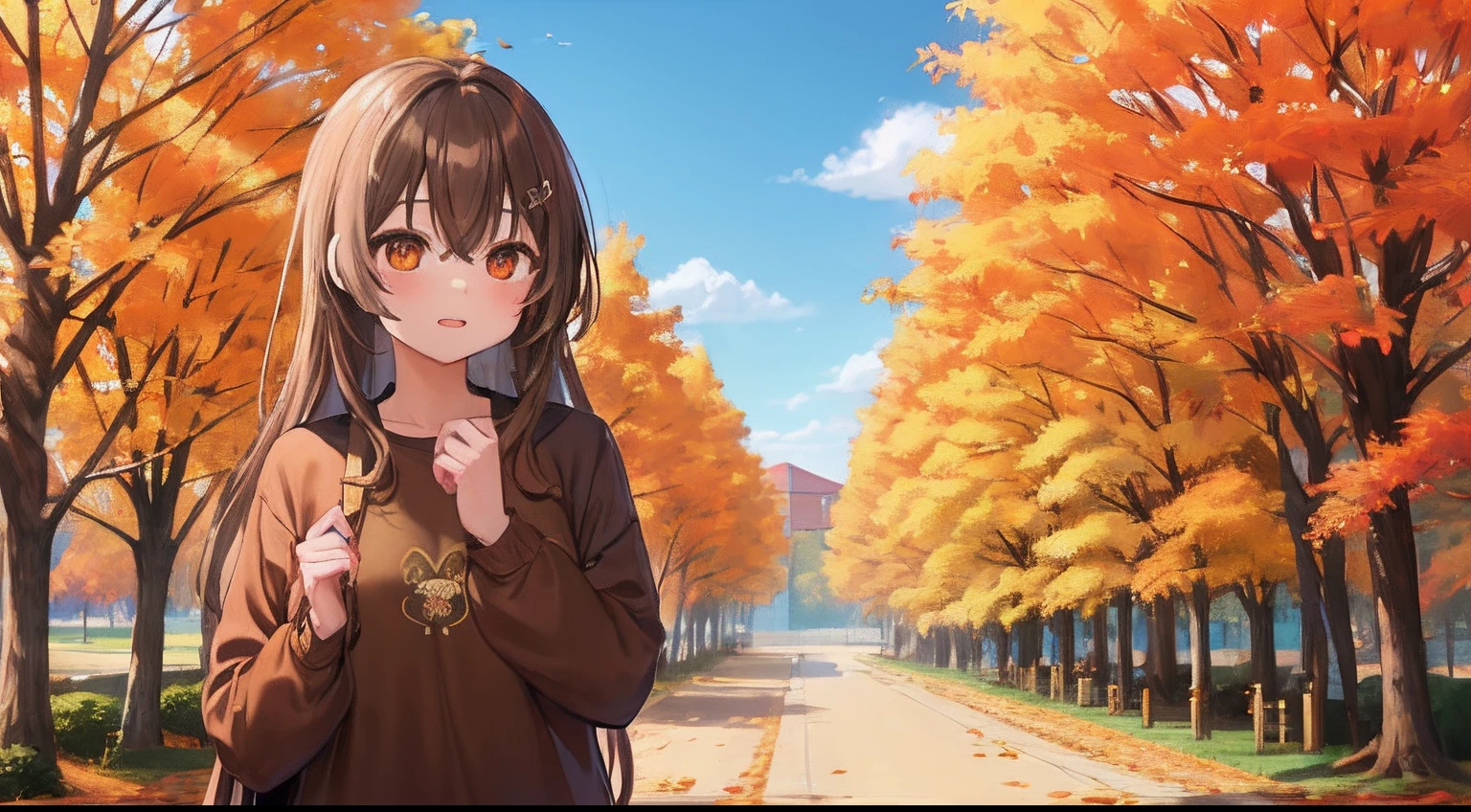 (mksks style, detailed background:1.1), nanashi_mumei, feather, solo, brown shirt, brown hair, long hair, comfy, (outdoors, spring \(season\), autumn:1.3), long sleeves,