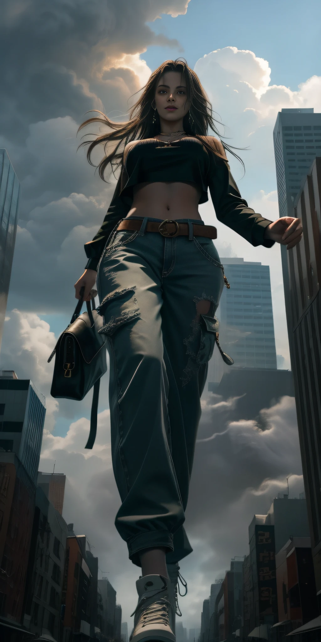"A towering Giantess in a cool and laid-back hippie style is rocking a crop top and baggy pants. Her toned and athletic build hints at her massive strength. She seems to be casually strolling through the bustling cityscape of GTS City, as towering buildings loom overhead. Smoke and clouds roil around her, adding to the sense of epic scale and drama. The lighting is dark, gloomy, and realistic, creating a tense and ominous atmosphere. The perspective is from below, emphasizing the sheer majesty and power of the Giantess."
