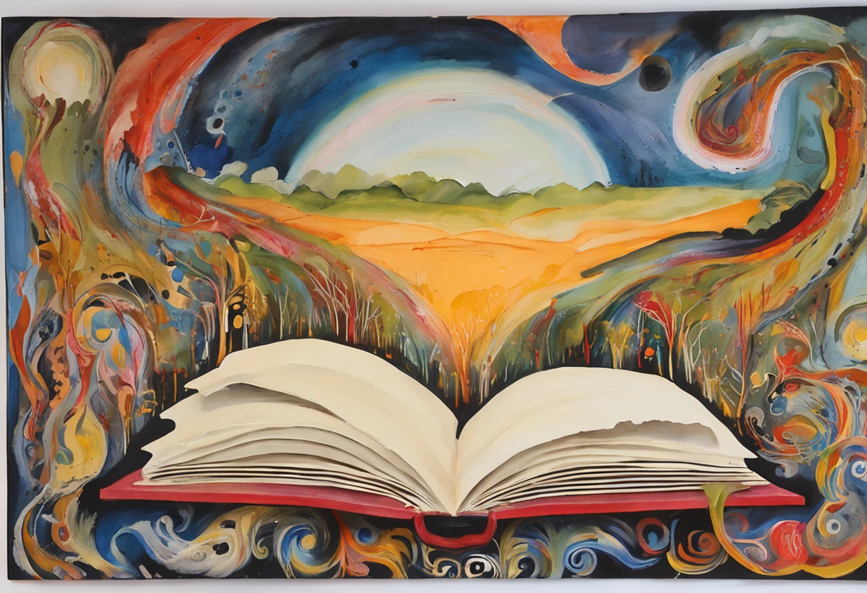 Extremely creative illustration, Abstract and detailed text representation, altamente detalhado, pintura em aquarela, art-station, arte conceitual, liso, foco nítido: "Uma cena vibrante e envolvente. Imagine a world where words dance and come to life, where characters come off the pages and stories gain wings. In this illustration, We imagine a magical scenario where an open book turns into a portal to a universe of imagination. How pages flow through the air, They turn into elements that make up the scenery – trees that whisper secrets, rivers made of ink and mountains formed by pages.