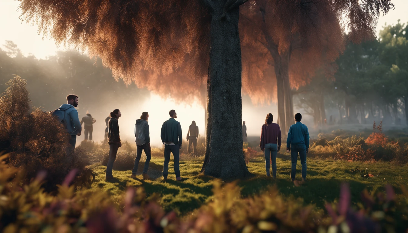 a group of people standing seen from behind in a clearing with trees around, light from the right, dynamic angled view, high detail, photorealistic, cinematic, depth of field.