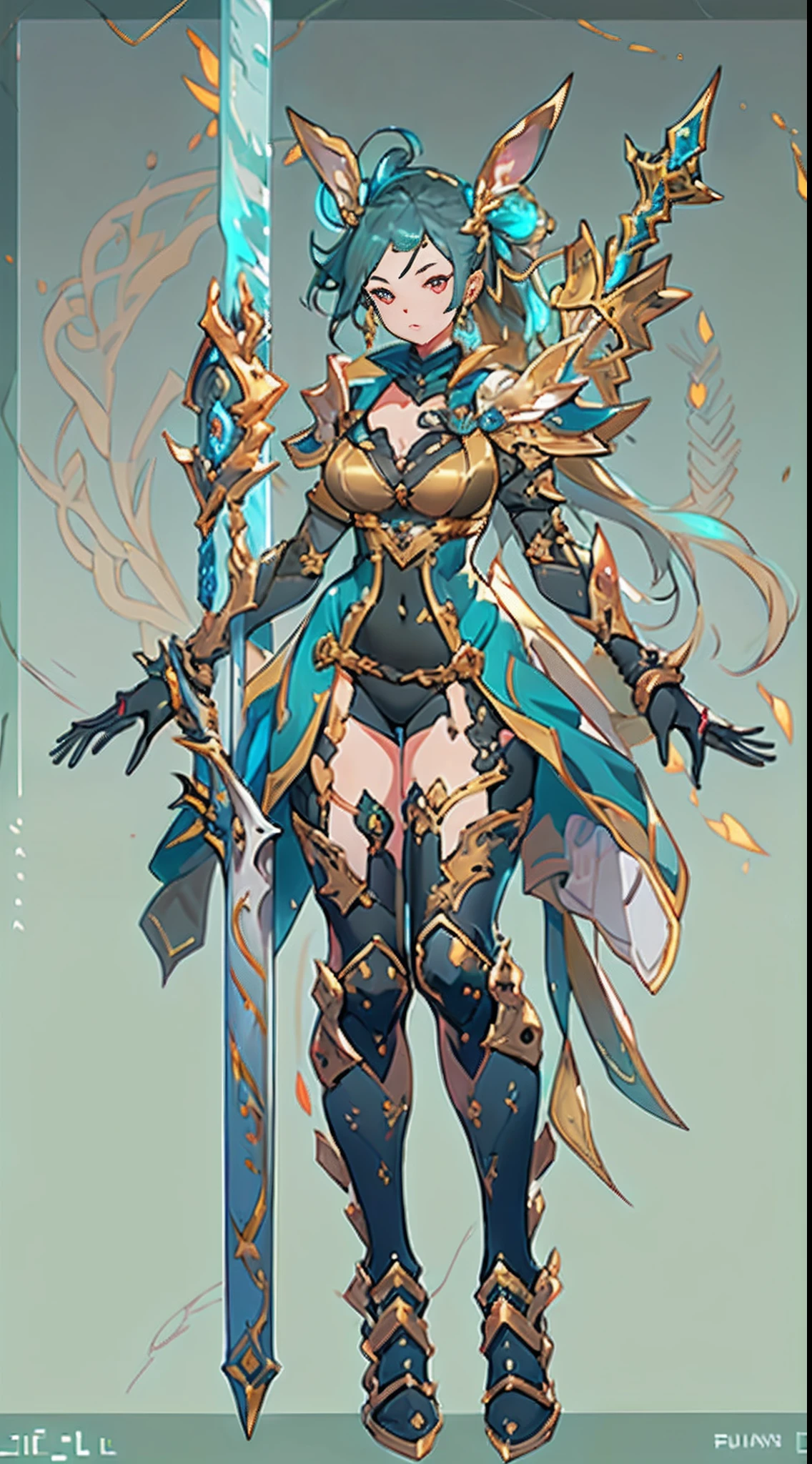 Design a layout showcase Gaming character, ((1girl)), big_boobs. Golden+Purle clothes, stylish and unique, ((showcase weapon:1.4)), magic staff, (masterpiece:1.2), (best quality), 4k, ultra-detailed, (Step by step design, layout art:1.5), (luminous lighting, atmospheric lighting), Final Fantasy style, magican, ((glove full hands)), fran, viera, (((revealing clothes:1.3))), vambraces, armored legwear, (((full_body_shot:1.4))), Niji,