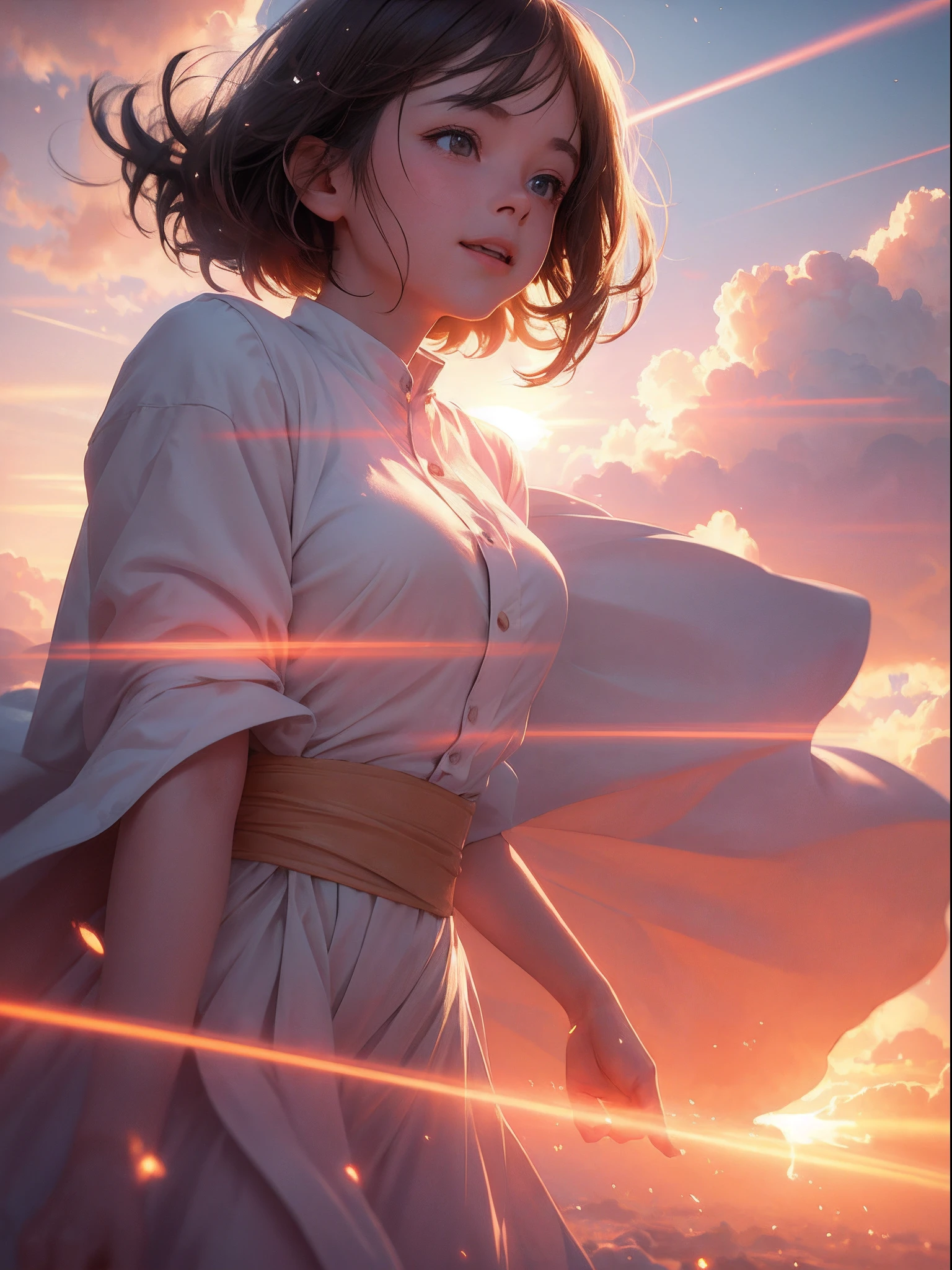 masterpiece, best quality, movie still, 1girl, cloud girl, floating in the sky, close-up, bright, happy, warm soft lighting, sunset, (sparks:0.7)