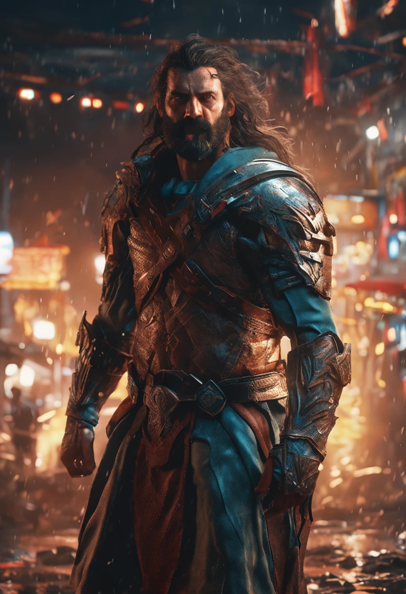 (Renderizado 3D profesional:1.3) de (realista:1.3) The most beautiful art photo in the world，Features soft and bright amazed male heroes, ((Epic hero fantasy muscular rough man wet hero angry look long hair short beard and fierce expression in dynamic pose, Fantastic location, majestuoso entorno desordenado)), Renderizado 8k Unity de cuerpo completo, action shot, poro de la piel, very dark lighting, Sombreado pesado, Detallado, Cara detallada de asombro, (Vibrante, Realistic photography, realista, dramatic, oscuro, foco nítido, 8k), (Old leather garments damaged by weathering:1.4),, (intrincado:1.4), decadente, (Altamente detallado:1.4), Pintura digital, Renderizado por Octane, Estaciones de arte, Concepto-Arte, Suave, foco nítido, 插圖, Arte Germen, (loish:0.23), WLOP Ilya Kuvshinov, y Greg Rutkowski y Alphonse Mucha gracias, (global ilumination, Luz de estudio, Light Volumetric), fuertes lluvias, particles floating, LotR, fantasy, Once, cuerpo completosbian, ((Fondo oscuro y antiguo de la ciudad:1.3)),CGSesociety,Estaciones de arte, toma solo el rostro