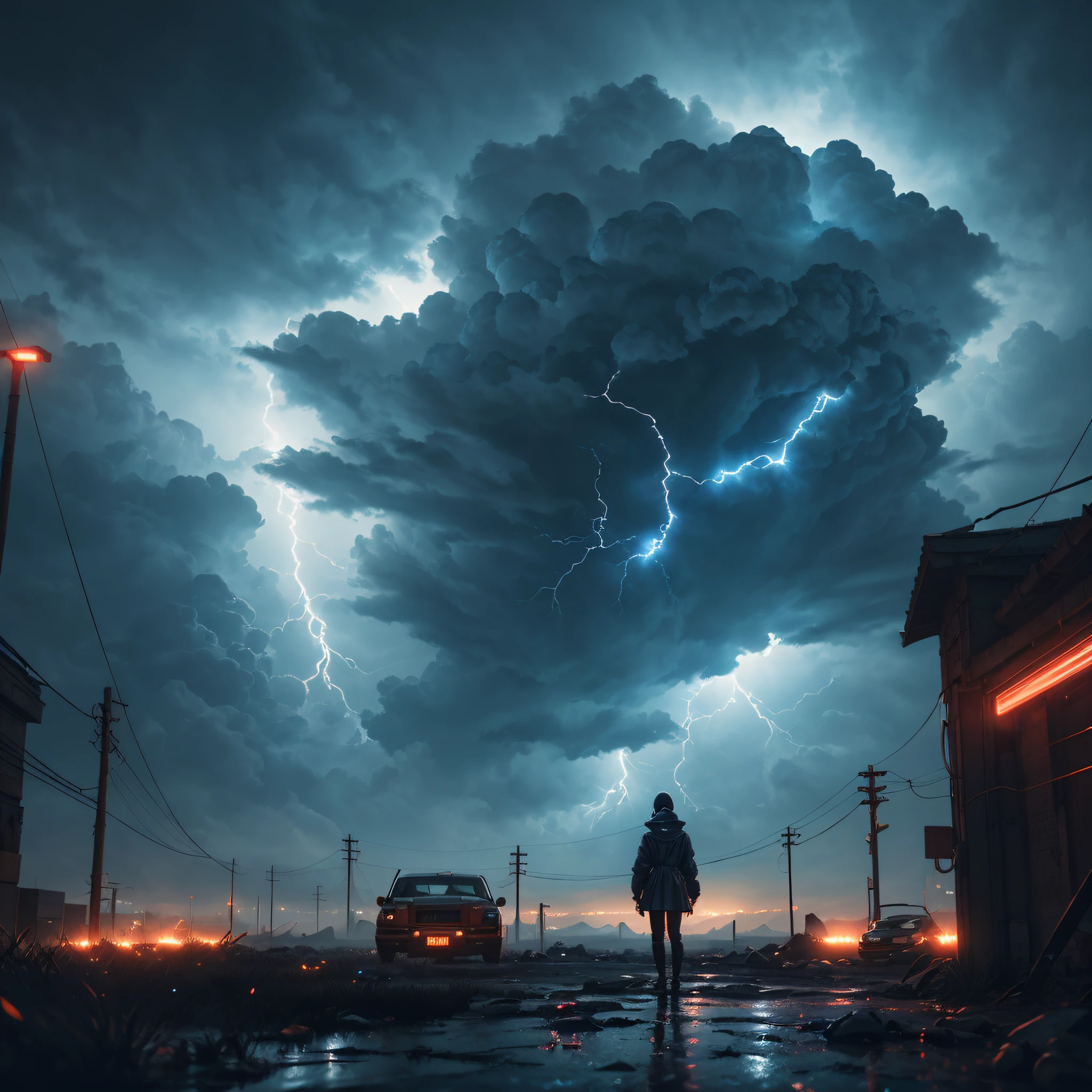 1woman wearing raincoat, (eye to camera:1.1), pixel, strong rain, neon lights, dangling sprinkler wires, cinematic lighting, closeup, cyberpunk, hard surface modeling, full of battle gear, red keylight, obscure lighting contrast, poetic, detailed, realistic, 8k uhd, high quality, big cumulus clouds, strong lightning on the horizon, (Megalytic structures:1), dramatic, dangerous, sunlight background, unreal, (surreal:1), unreal engine, Cinematic Light