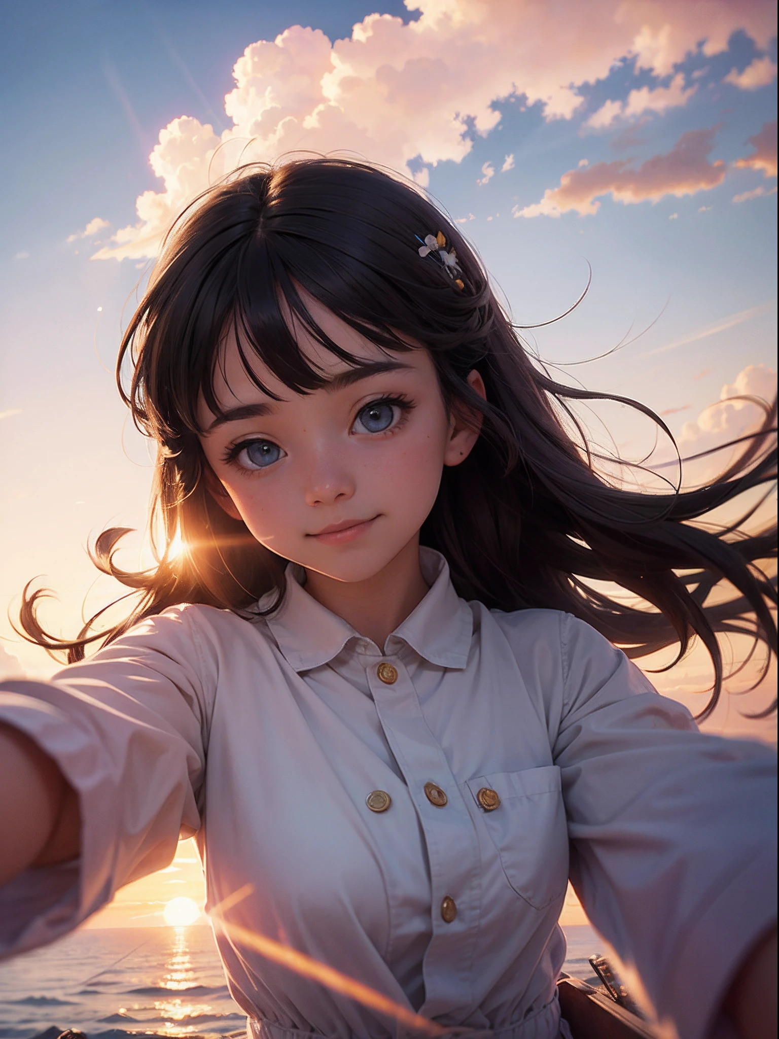 masterpiece, best quality, movie still, 1girl, cloud girl, floating in the sky, close-up, bright, happy, warm soft lighting, sunset