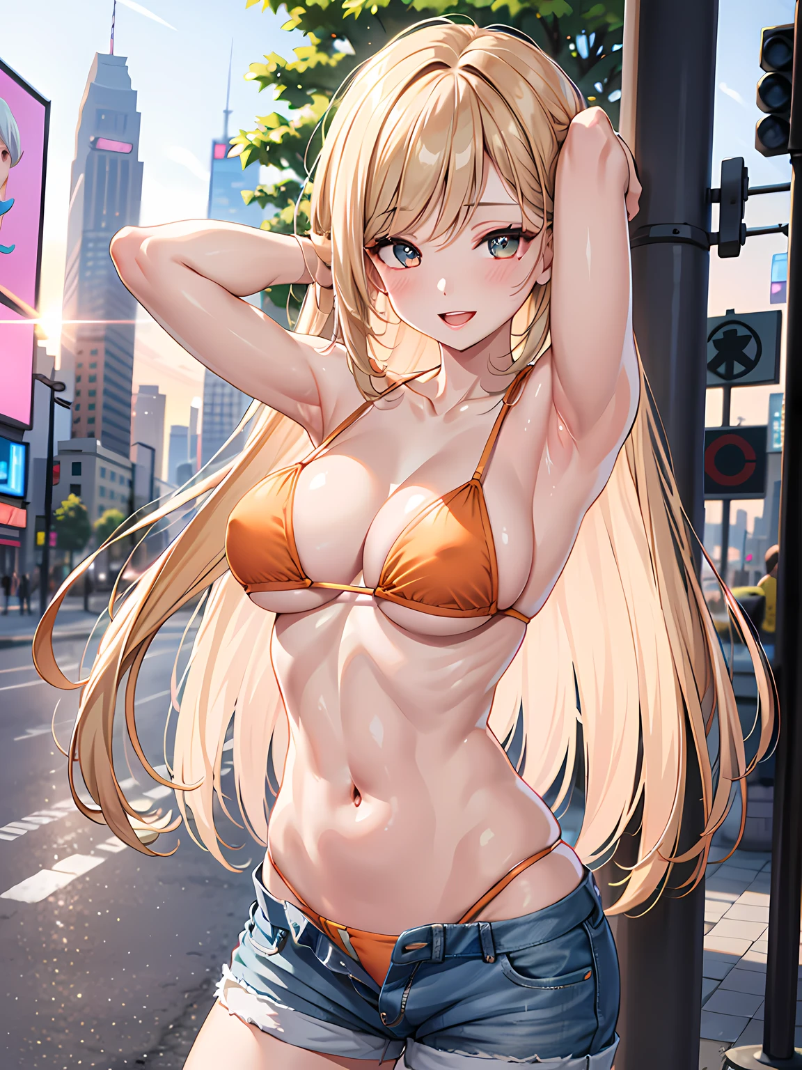 (1girl:1.3, solo), (Masterpiece, best quality, photorealistic, highres, photography, :1.3), ultra-detailed, sharp focus, professional photo, commercial photo, (upper body:1.3), (standing at downtow street), (((starring at the viewer:1.5))), (armpit focus, arms up, arms behind on head), 
BREAK, 
1girl, solo, milf, European girl, hot model, (attractive model:1.37), (promotional model:1.2), highly detailed eyes and pupils, realistic skin, (attractive body, large breast:1.25, thin waist:1.15), thin hair, single braid hair, mahogany hair, extremely detailed hair, delicate sexy face, sensual gaze, shiny lips, 
BREAK, 
(orange bikini:1.3), (shorts:1.3), detailed clothes, 
BREAK, 
(outdoor, Times Square garden background, blurry background:1.25, simple background, no-human background, detailed background), (under sunset:1.37), 
BREAK, 
(attractive posing), ((realistic, super realistic, realism, realistic detail)), perfect anatomy, perfect proportion, bokeh, depth of field, hyper sharp image, (attractive emotion, seductive smile:1.2, happy:1.2, blush:1.2, :d:1.2, :p:1.2), 4fingers and thumb, perfect human hands, wind,