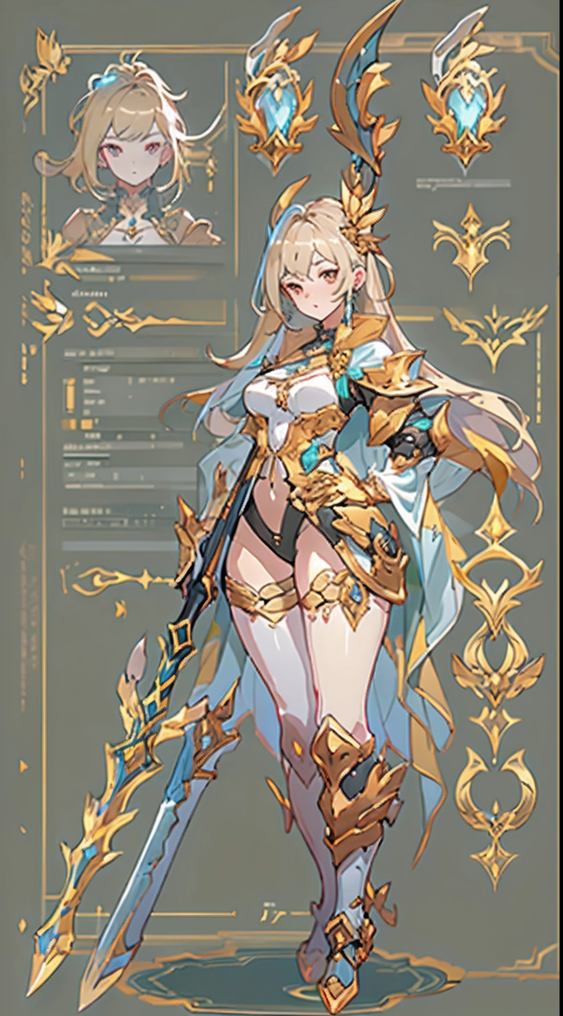 Design a layout showcase Gaming character, ((1girl)), big_boobs. Golden+Purle clothes, stylish and unique, ((showcase weapon:1.4)), magic staff, (masterpiece:1.2), (best quality), 4k, ultra-detailed, (Step by step design, layout art:1.5), (luminous lighting, atmospheric lighting), Final Fantasy style, magican, ((glove full hands)), fran, viera, (((revealing clothes:1.3))), vambraces, armored legwear, (((full_body_shot:1.4))), Niji,