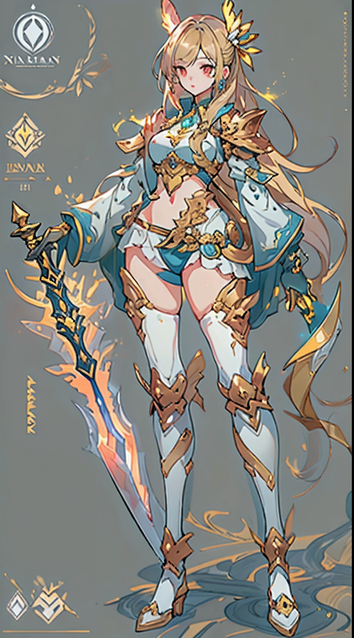 Design a layout showcase Gaming character, ((1girl)), big_boobs. Golden+Purle clothes, stylish and unique, ((showcase weapon:1.4)), magic staff, (masterpiece:1.2), (best quality), 4k, ultra-detailed, (Step by step design, layout art:1.5), (luminous lighting, atmospheric lighting), Final Fantasy style, magican, ((glove full hands)), fran, viera, (((revealing clothes:1.3))), vambraces, armored legwear, (((full_body_shot:1.4))), Niji,