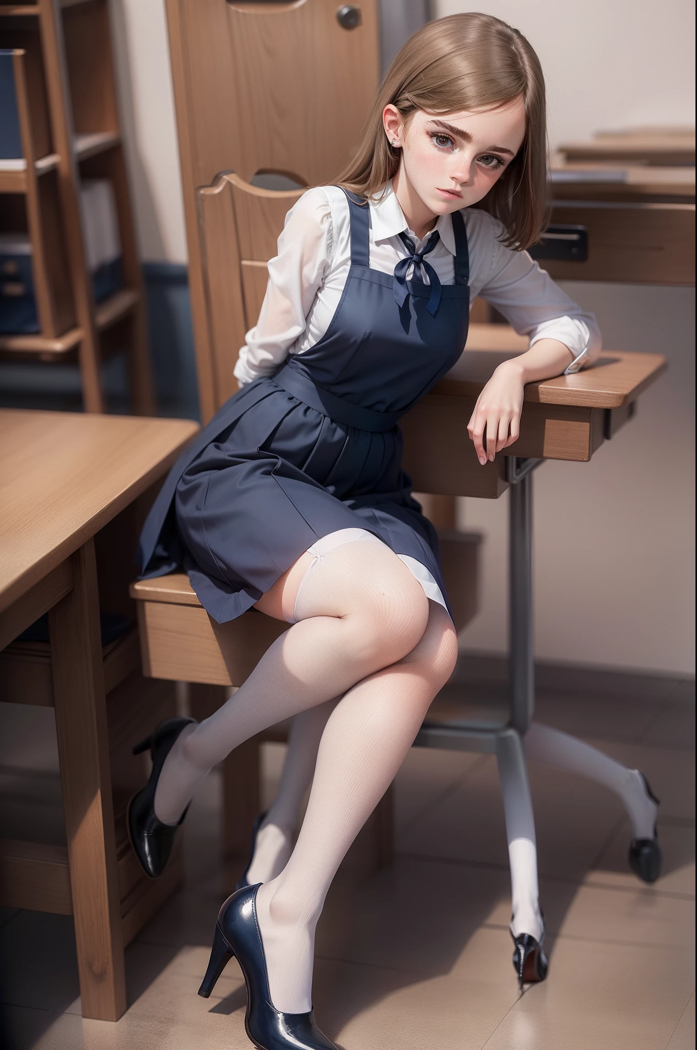 Emma Watson dressed in navy blue pinafore dress, white blouse, stockings, blue striped school tie, high heel shoes, classroom