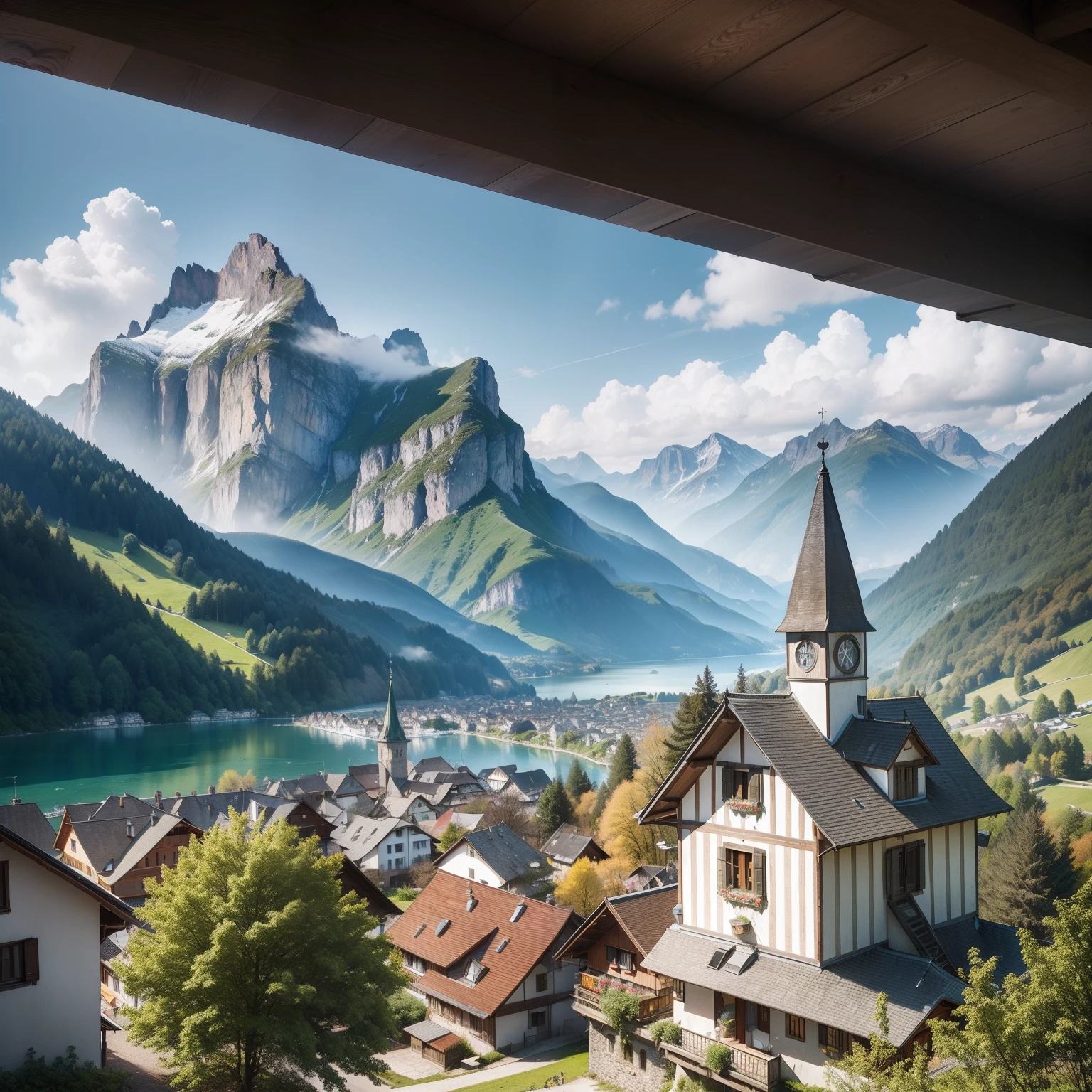 A capa do livro apresenta flores vibrantes em primeiro plano, contrasting with a rustic mill that emerges gently in the background. The scene is set in the picturesque landscapes of Switzerland and Austria, Uniting the beauty of both regions. Em particular, Lucerna, Switzerland, rises on the shore of the stunning Lake Lucerne, cercada majestosamente por montanhas imponentes. The iconic Pilatus and Rigi mountains frame the iconic Chapel Bridge, enquanto a atmosfera acolhedora da cidade pequena se mescla harmoniosamente com elementos modernos, tudo capturado em uma qualidade de imagem 4k ultra realista.