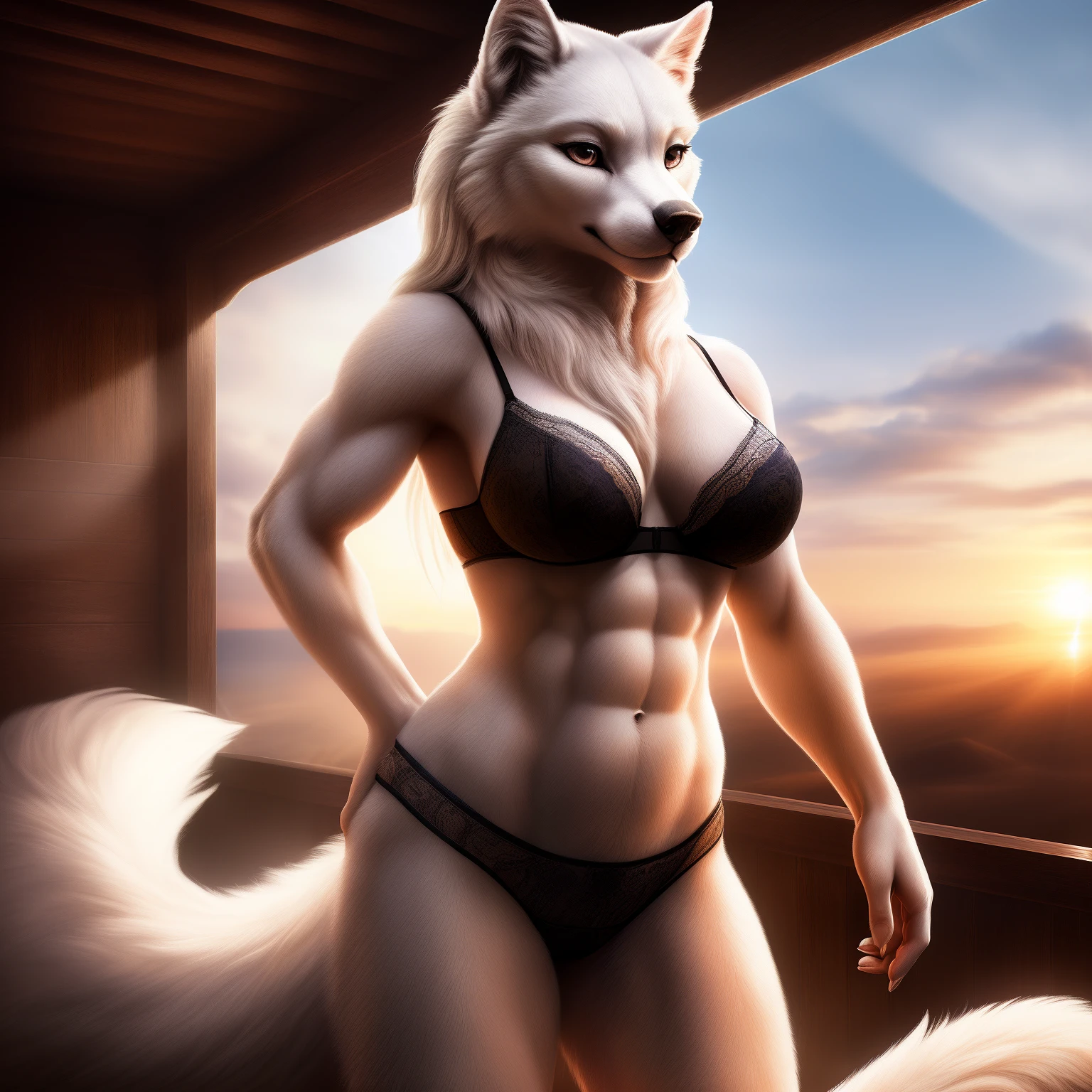 (((Cute Face))), (((Cute pose))), (((detailed eyes))), Solo, (((highly detailed white fur))), ((seductive)), (((female))), (((bra))), standing, snout, (by fivel), detailed eyes, (((medium breasts))), ((eyelashes, white wolf)), ((facing viewer)), long hair, (((long hyper realistic tail))), (((belly, massive, abs, biceps))) (((full body should be seen))) sharp focus cgi, photorealistic, high detail, realistic, masterpiece, absurdres, best quality, HDR, high quality, high-definition, extremely detailed, 8k wallpaper, intricate details, 8K uhd, Full-HD, (realistic photo:1.2), contrast, harsh lighting, cinematic lighting, natural lighting, hard light, backlighting, global illumination, ambient occlusion