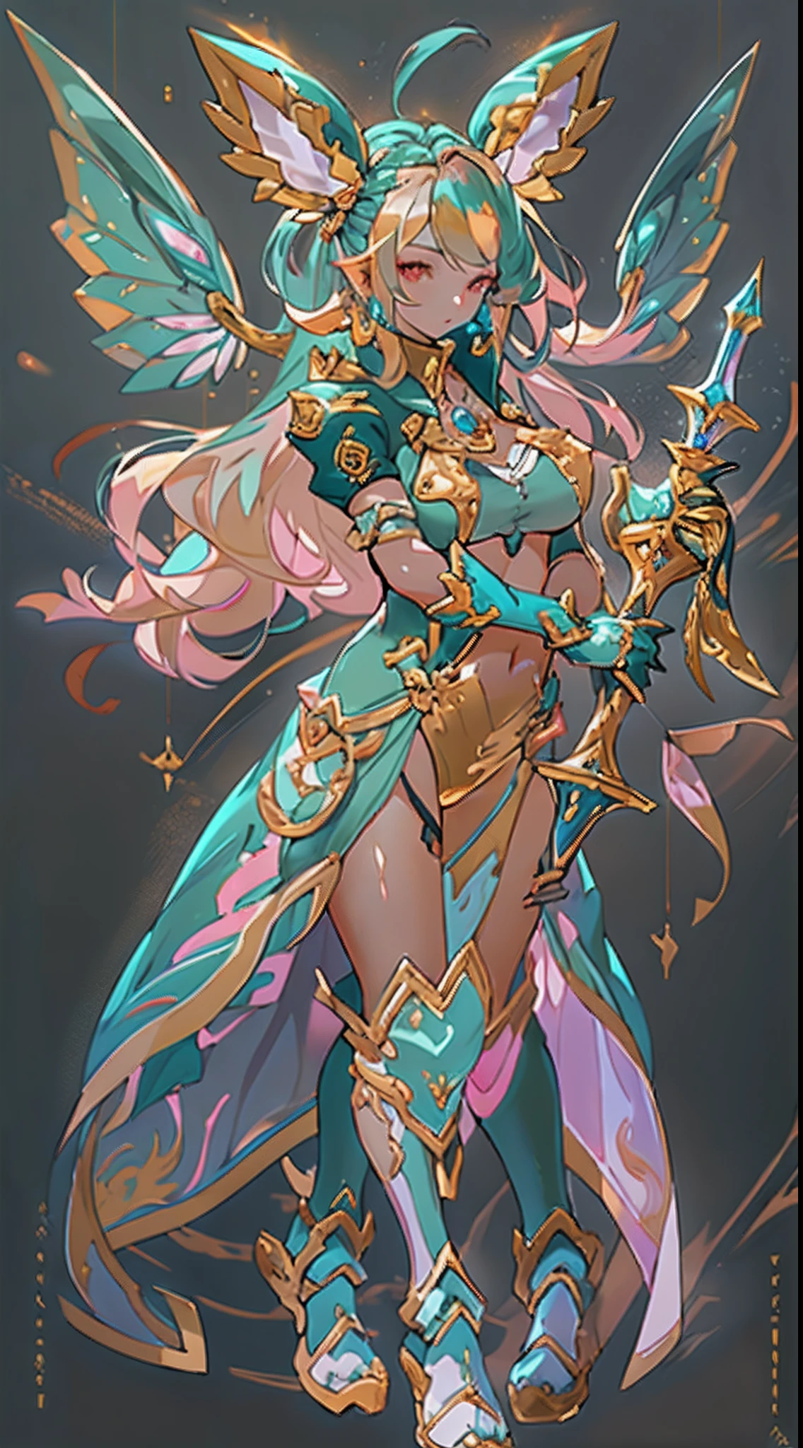 Design a layout showcase Gaming character, ((1girl)), big_boobs. Golden+Purle clothes, stylish and unique, ((showcase weapon:1.4)), magic staff, (masterpiece:1.2), (best quality), 4k, ultra-detailed, (Step by step design, layout art:1.5), (luminous lighting, atmospheric lighting), Final Fantasy style, magican, ((glove full hands)), fran, viera, (((revealing clothes:1.3))), vambraces, armored legwear, (((full_body_shot:1.4))), Niji