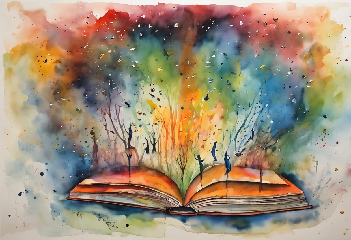 Extremely creative illustration, detailed text representation, altamente detalhado, pintura em aquarela, art-station, arte conceitual, liso, foco nítido: "Uma cena vibrante e envolvente. Imagine a world where words dance and come to life, where characters come off the pages and stories gain wings. In this illustration, We imagine a magical scenario where an open book turns into a portal to a universe of imagination. How pages flow through the air, They turn into elements that make up the scenery – trees that whisper secrets, rivers made of ink and mountains formed by pages.