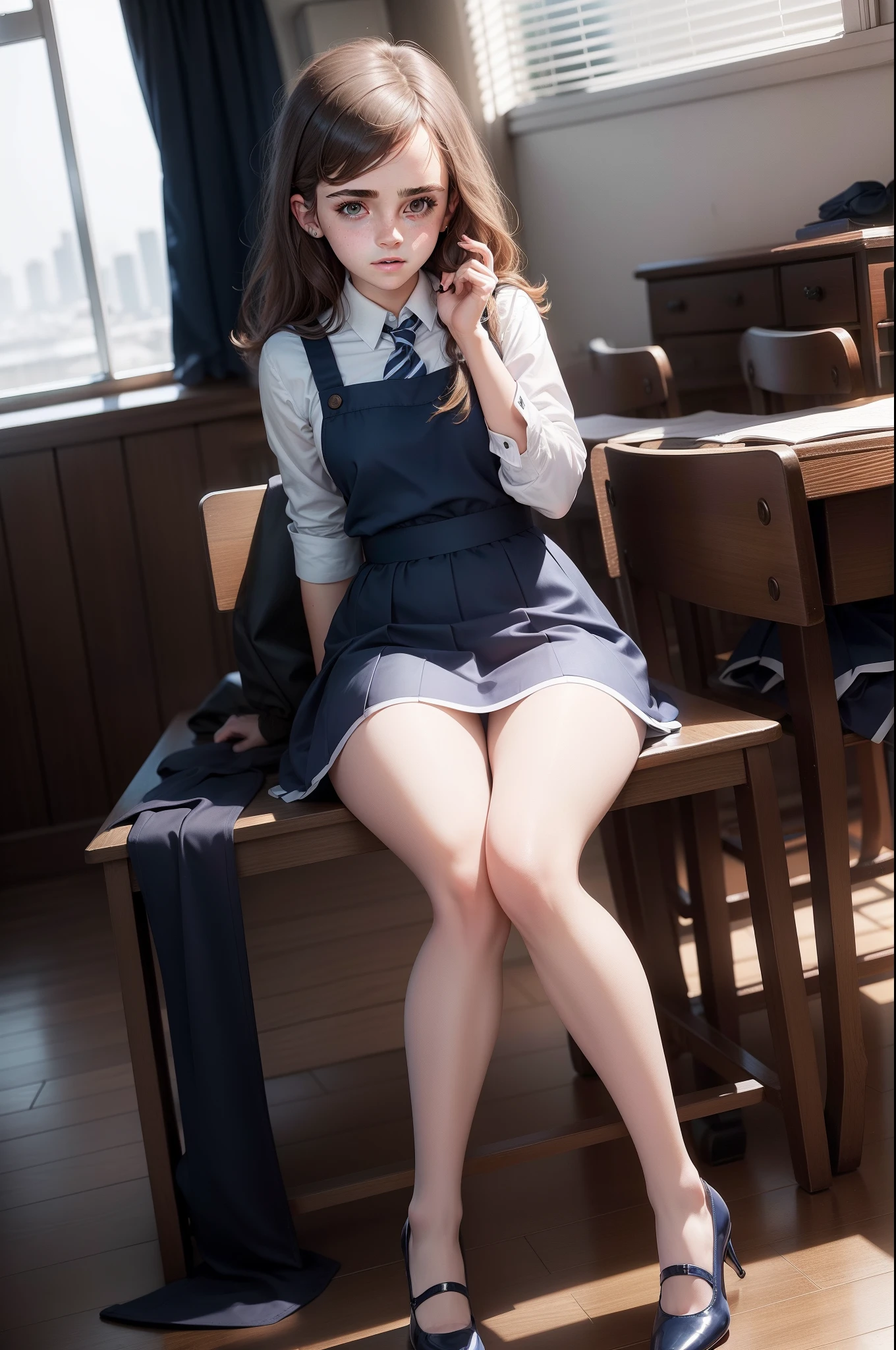 Emma Watson dressed in navy blue pinafore dress, white blouse, stockings, blue striped school tie, high heel shoes, classroom